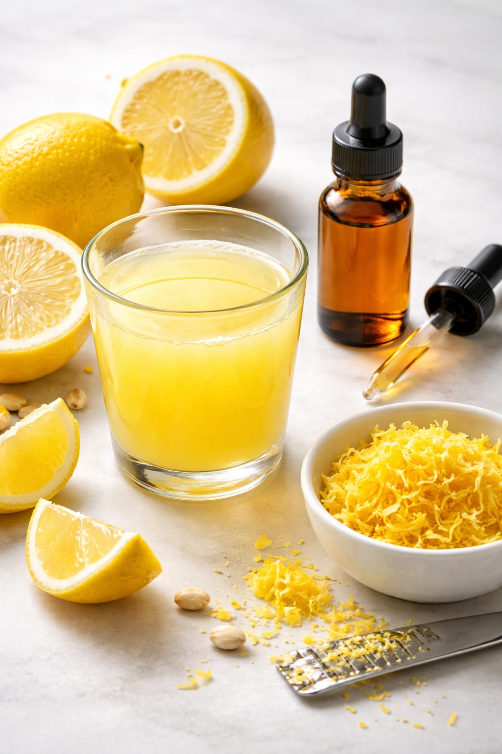 Glass of fresh lemon juice on a neutral surface