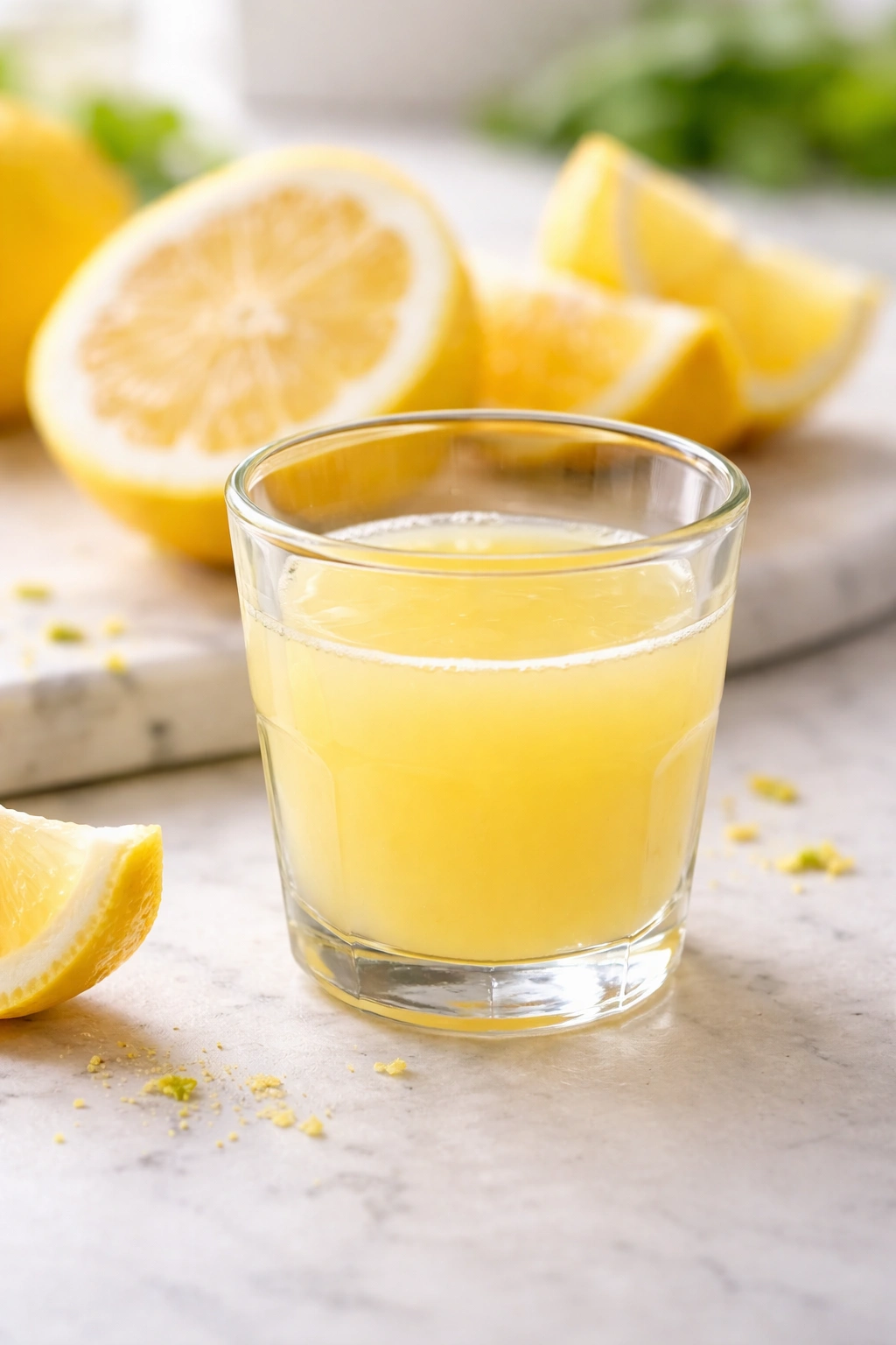 Glass of fresh lemon juice with lemon slice nearby