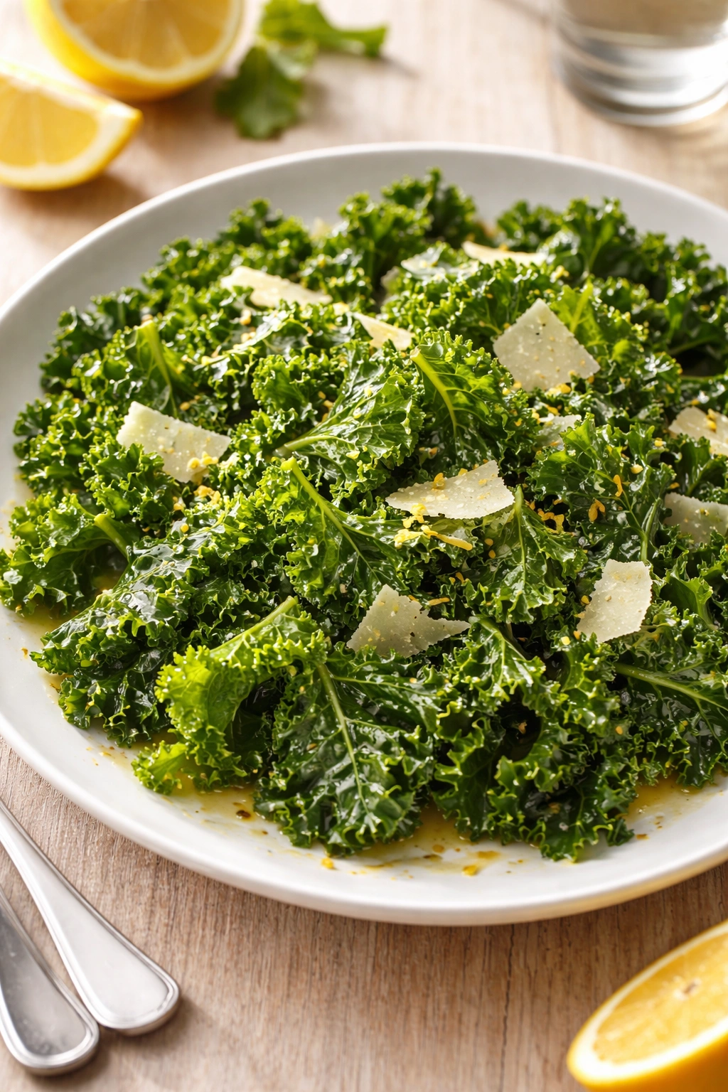 Close-up of vibrant kale salad with bright lemon vinaigrette on a white plate