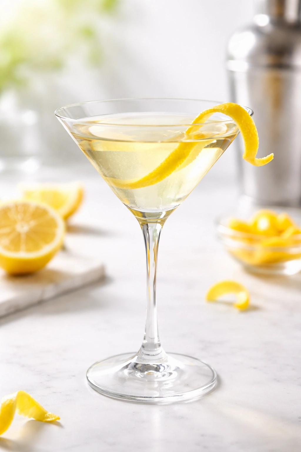 Lemon twist martini with pale yellow tint in a clear glass.