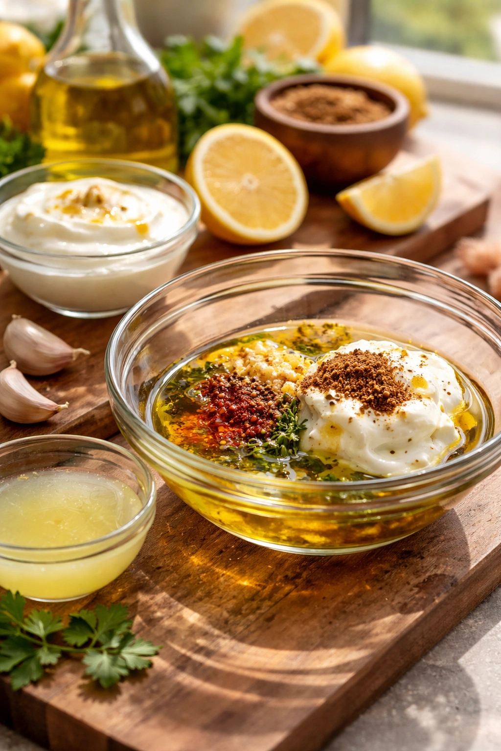 Lemon juice, olive oil, yogurt, and garlic arranged for marinade preparation.