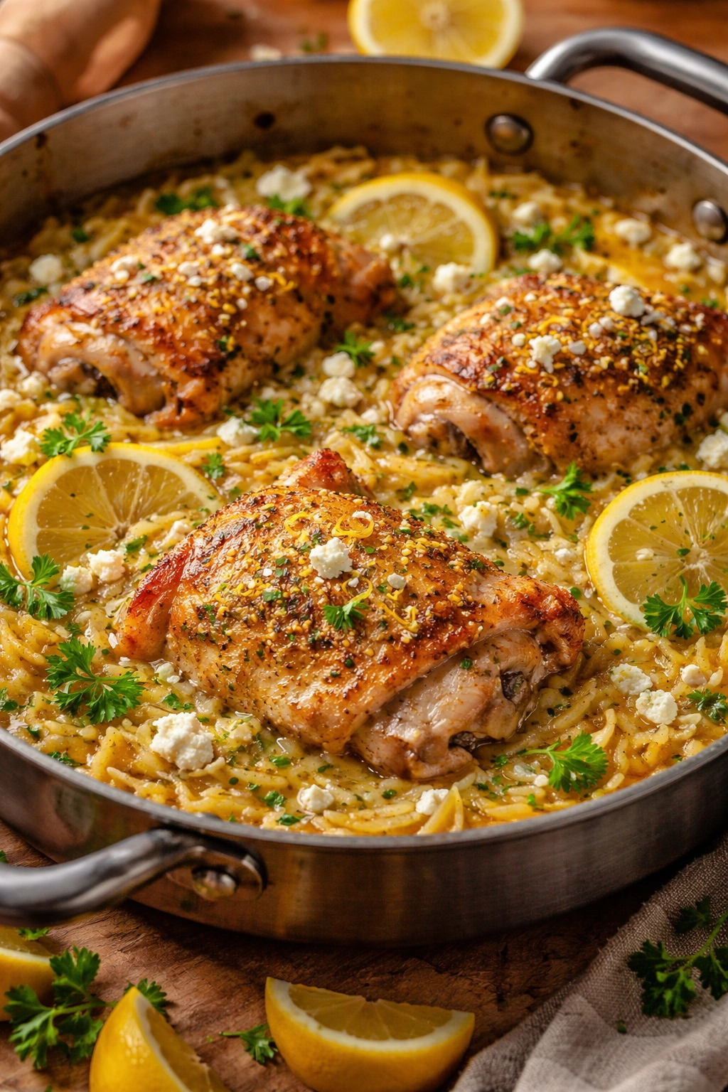 One-pot dish with chicken thigh and orzo in broth with lemon zest