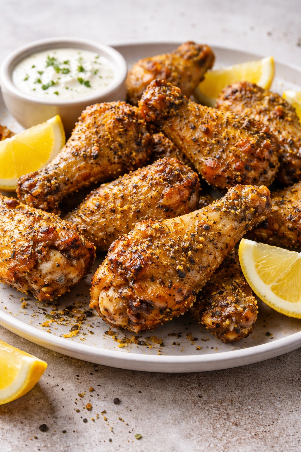 Crispy lemon pepper dry-rub wings with textured crust