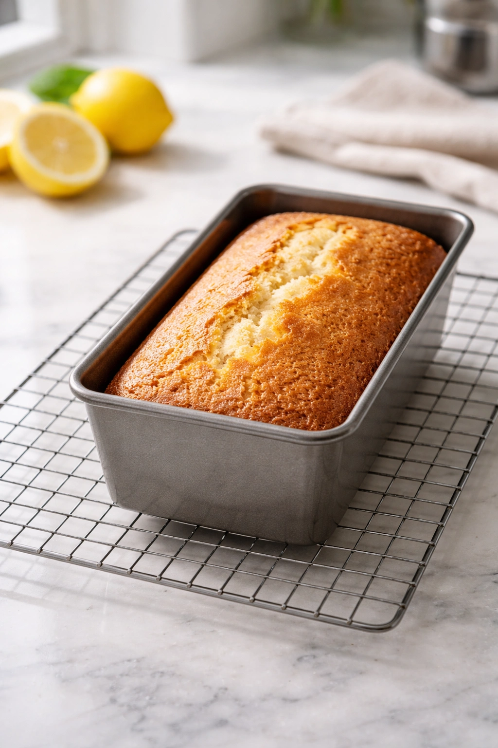 Lemon pound cake cooling on a wire rack in a kitchen