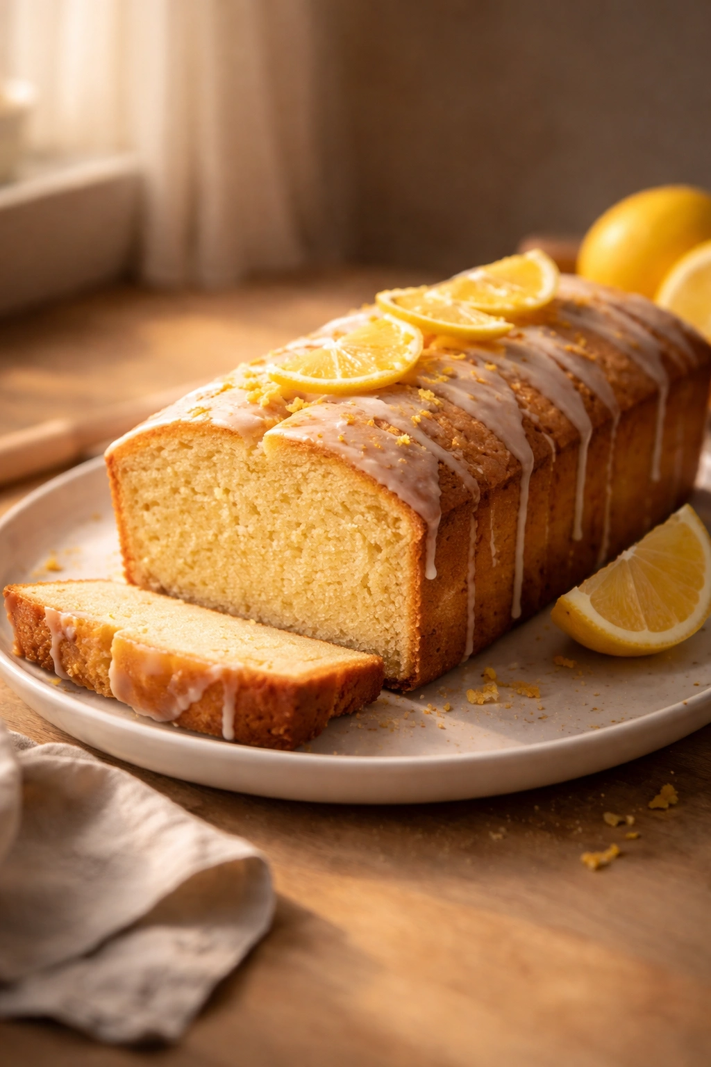 Lemon pound cake presented with warm lighting