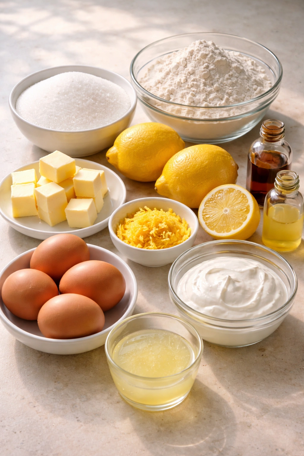 Ingredients for moist lemon pound cake arranged on a counter including butter, flour, sugar, lemon, eggs, and sour cream