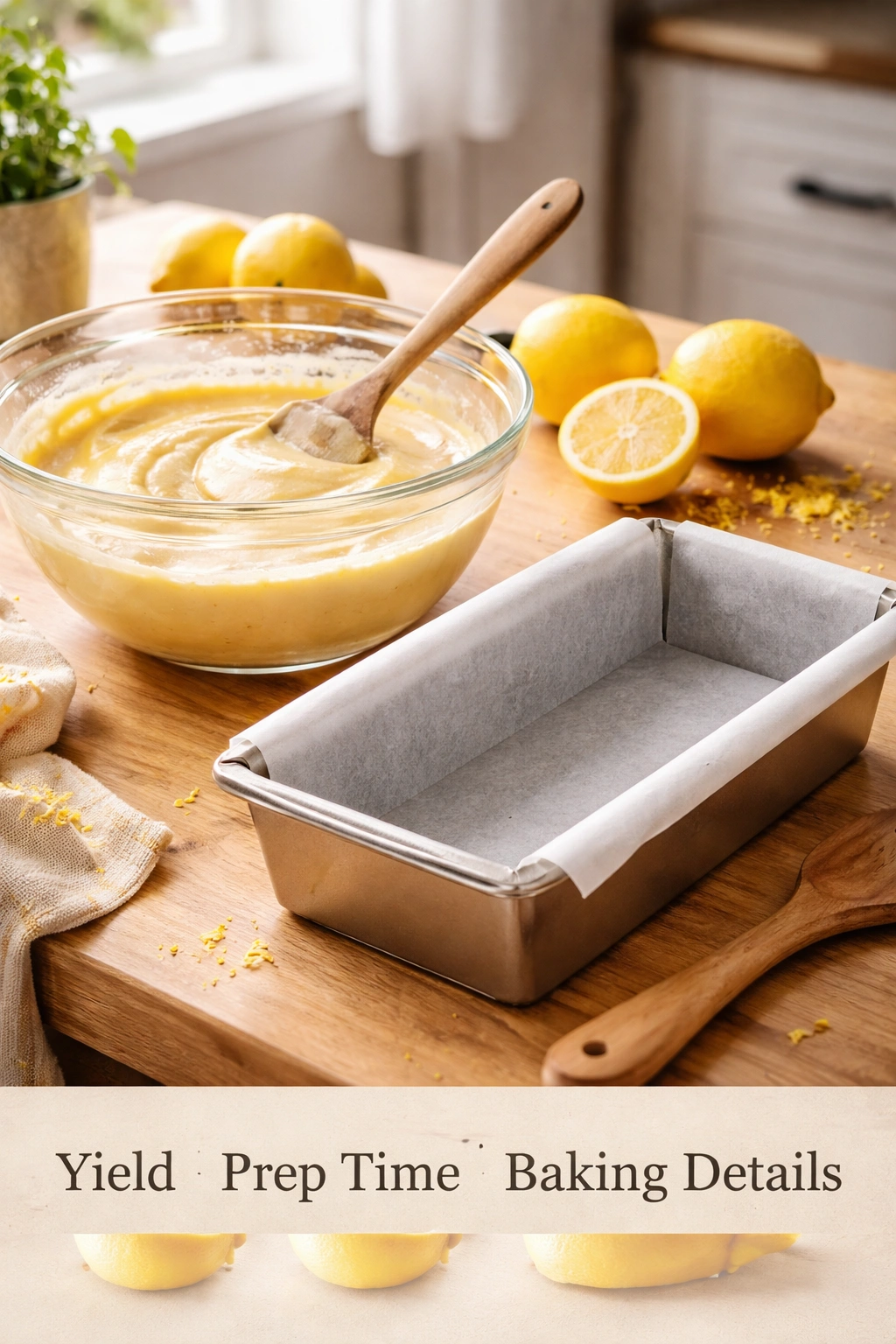 Batter in a bowl with a lined loaf pan on a wooden counter, ready for lemon pound cake bake