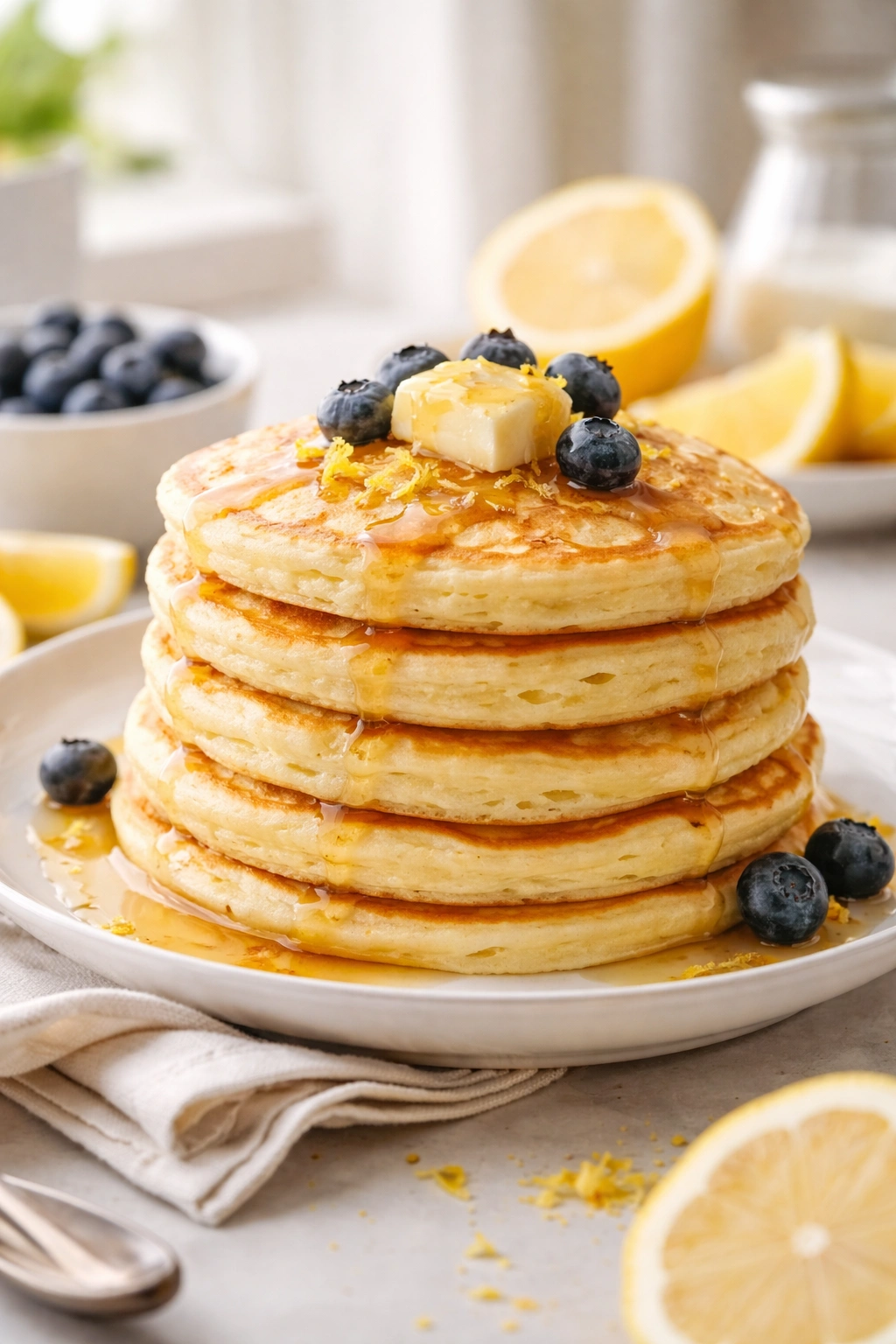 Stack of lemon ricotta pancakes with light yellow tint