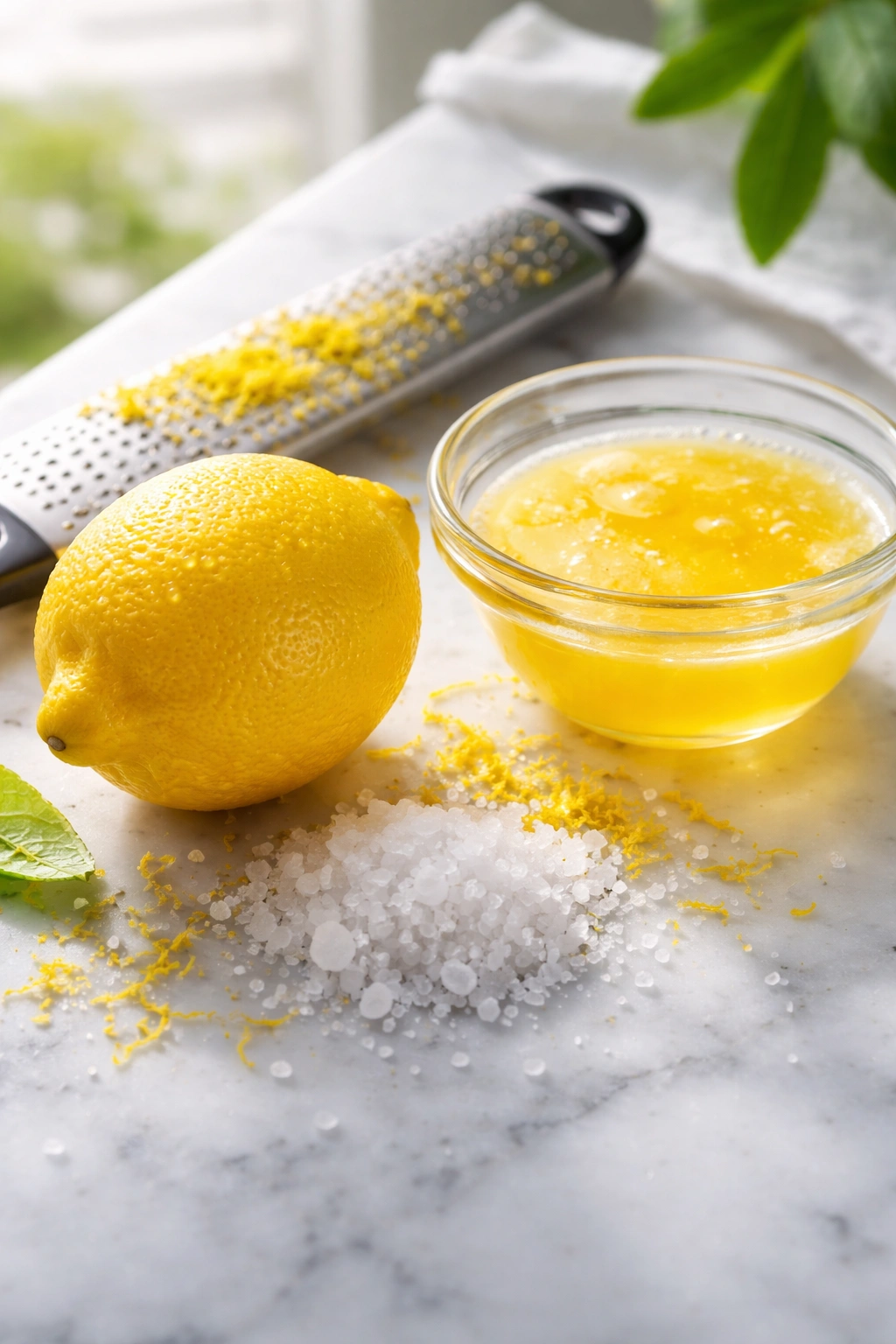 Close-up of lemon with salt and melted butter in bright kitchen