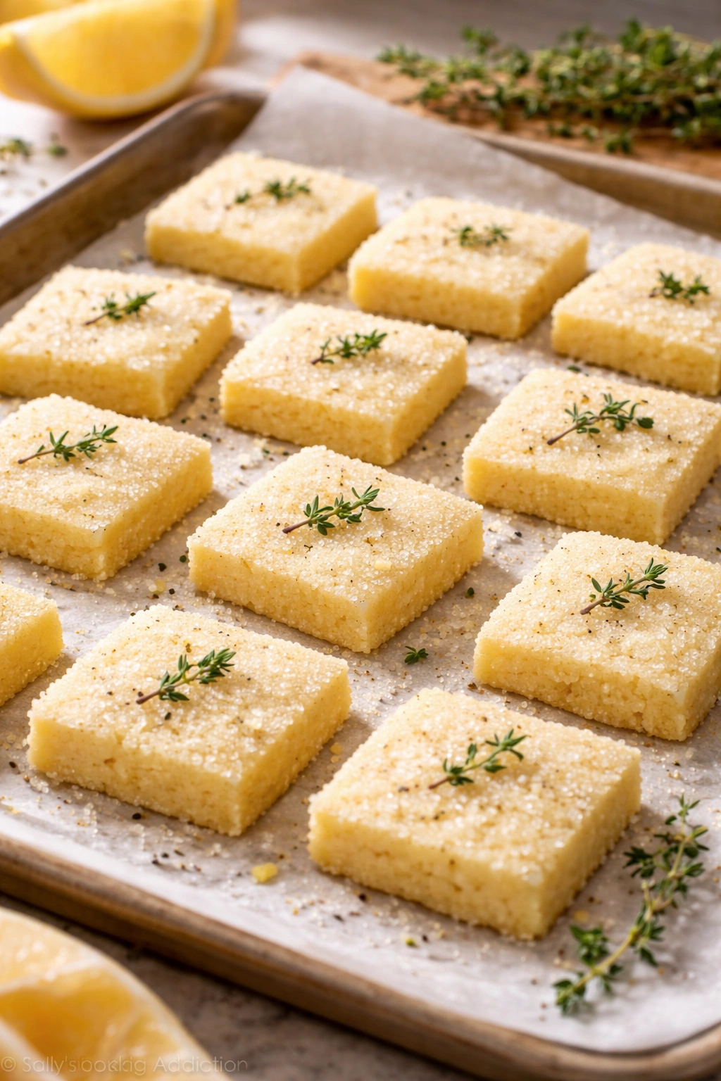 Close-up of lemon shortbread cookies with thyme leaves on parchment