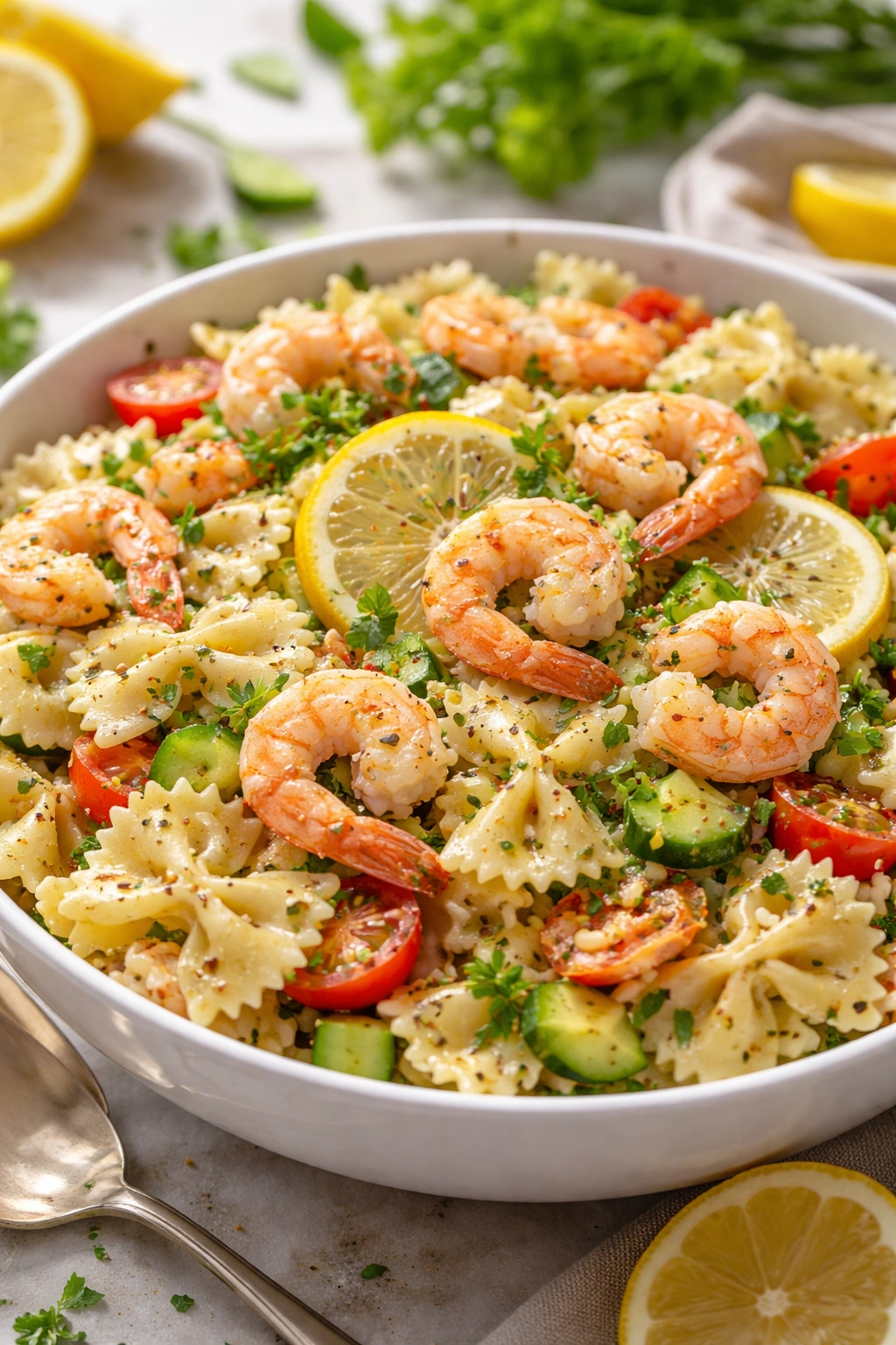Shrimp pasta salad with lemon and herbs.