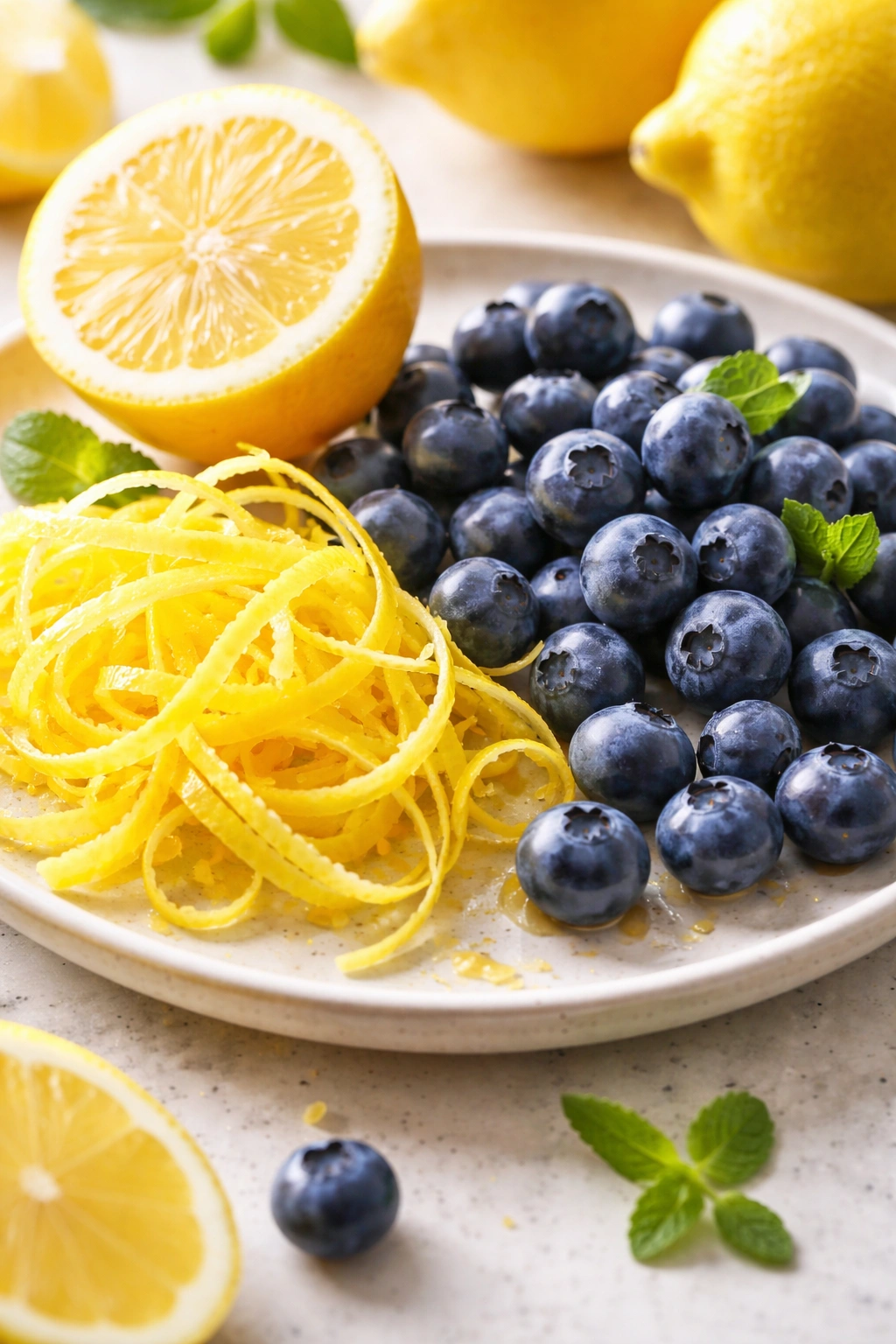 Lemon zest and blueberries arranged for flavor balance