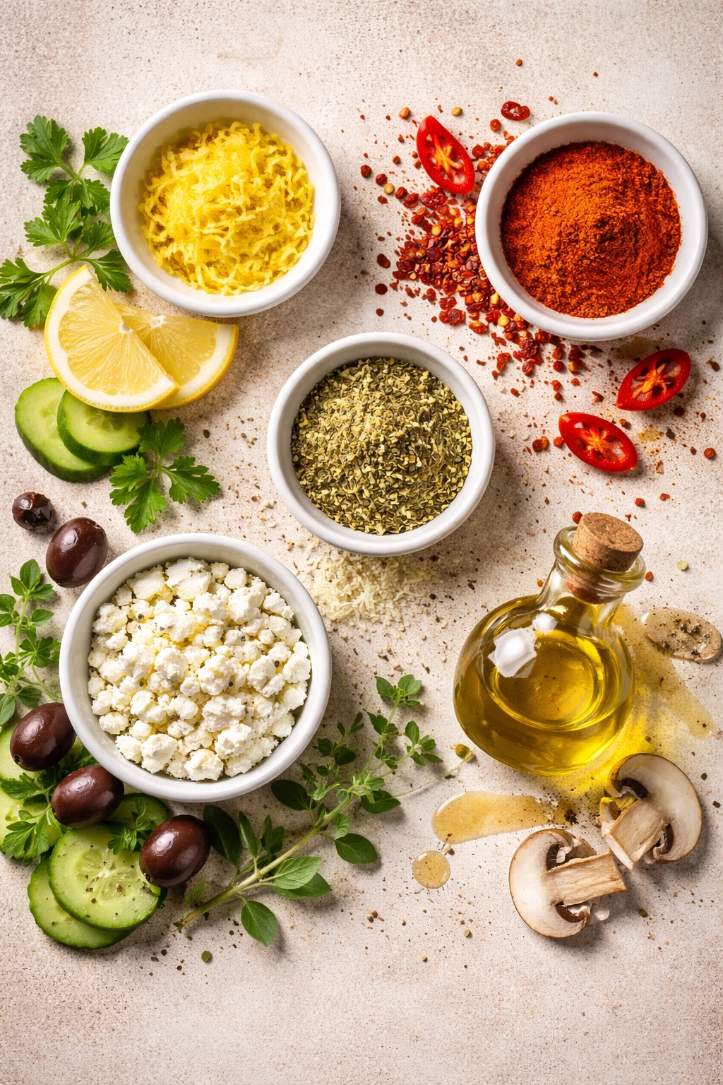 Assorted seasonings and toppings for flavor variations on chicken parm