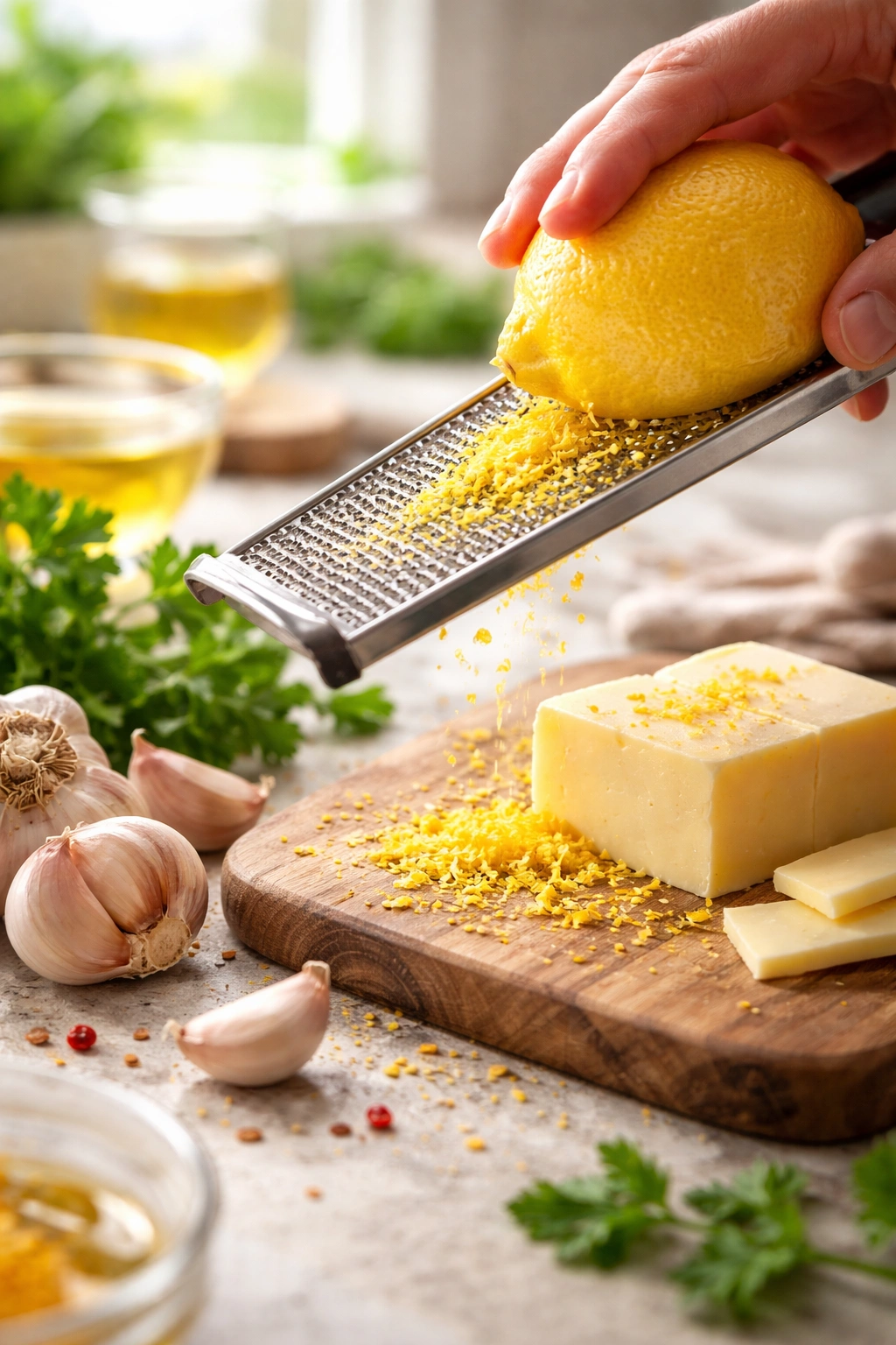 Fresh lemon zest and garlic ready for lemon garlic butter sauce.