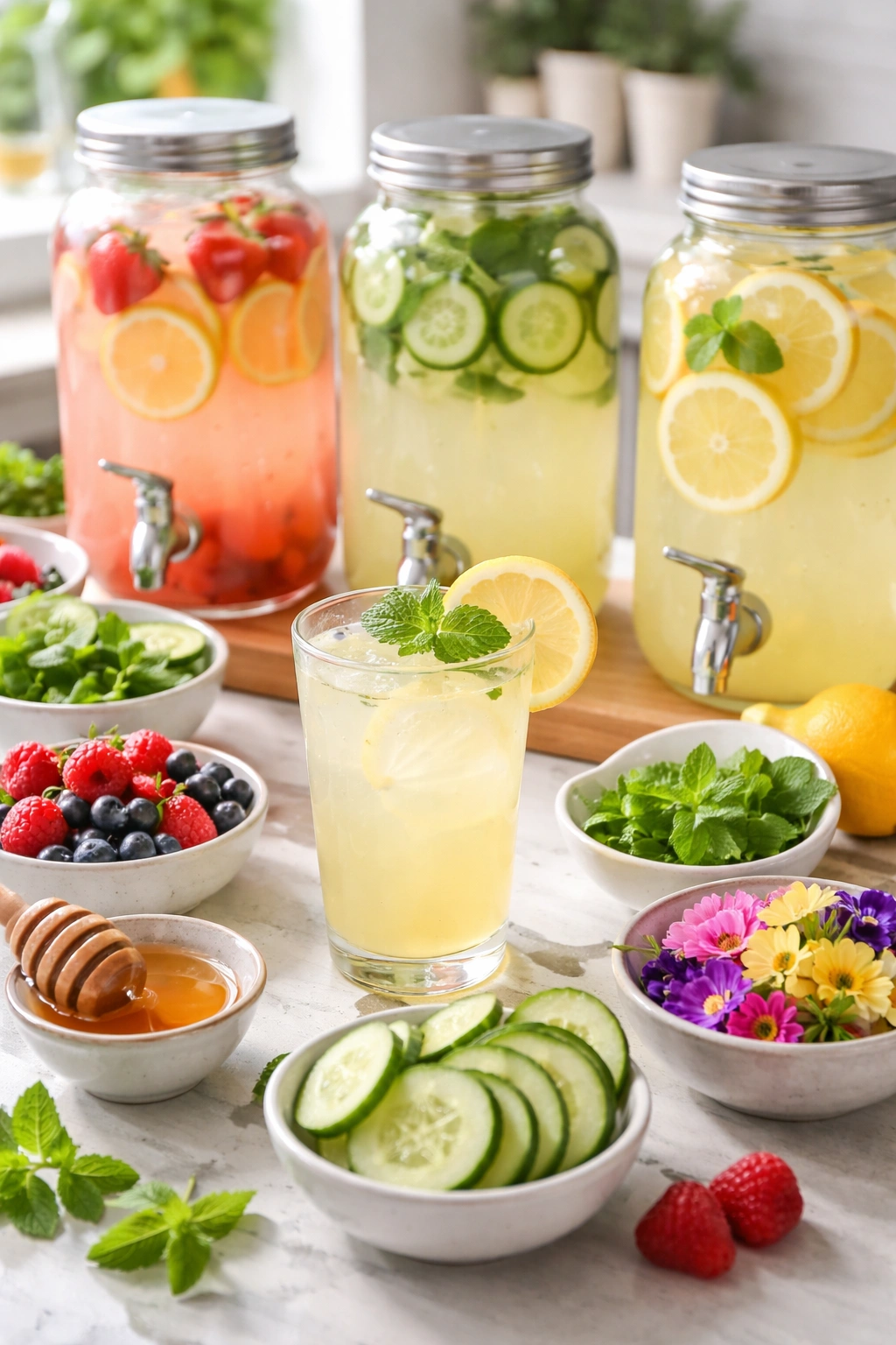 Pale yellow lemonade with mint and berries in a bright kitchen