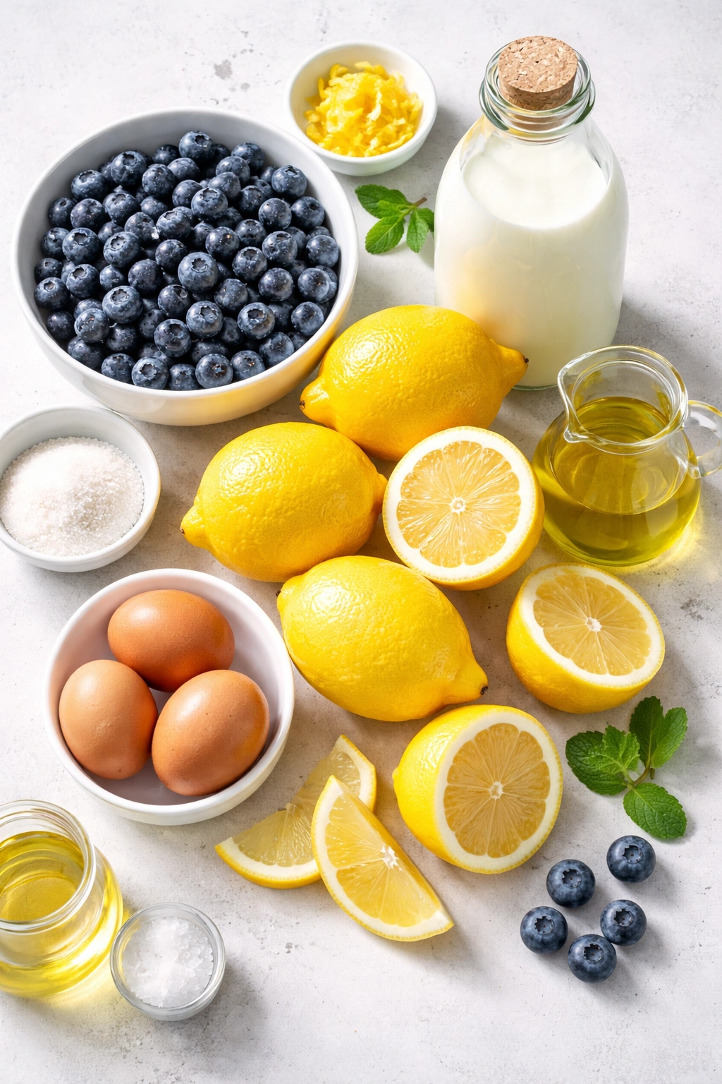 Flat lay of lemons, blueberries, buttermilk, eggs and oil