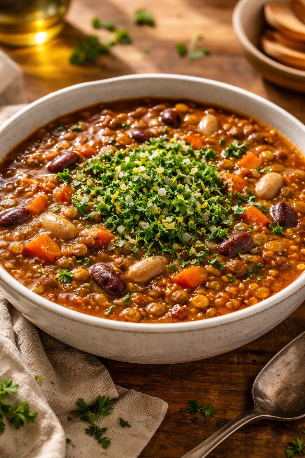 Lentil and bean stew with gremolata in bowl