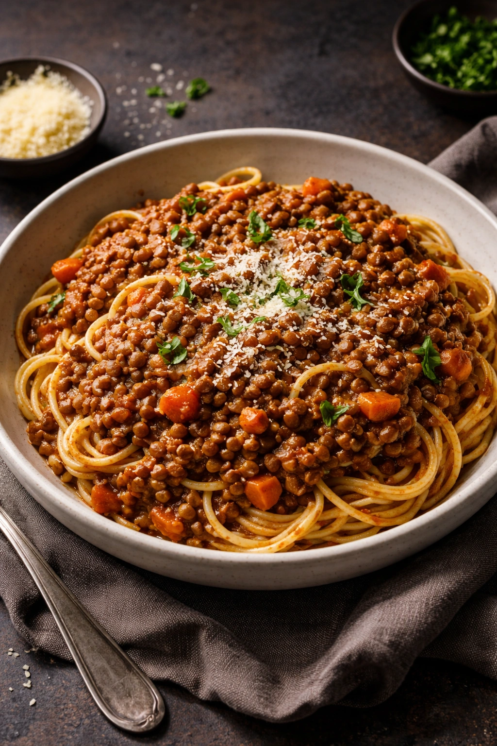 Plate of lentil bolognese pasta with rich tomato lentil sauce