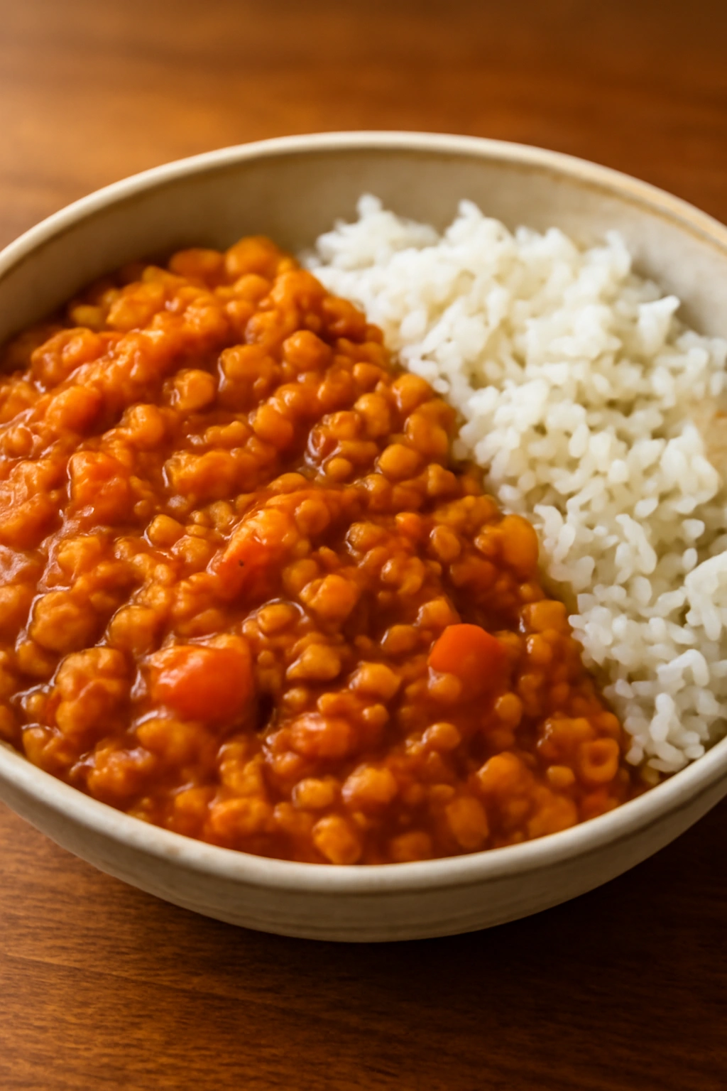 Lentil curry with rice in a shallow bowl