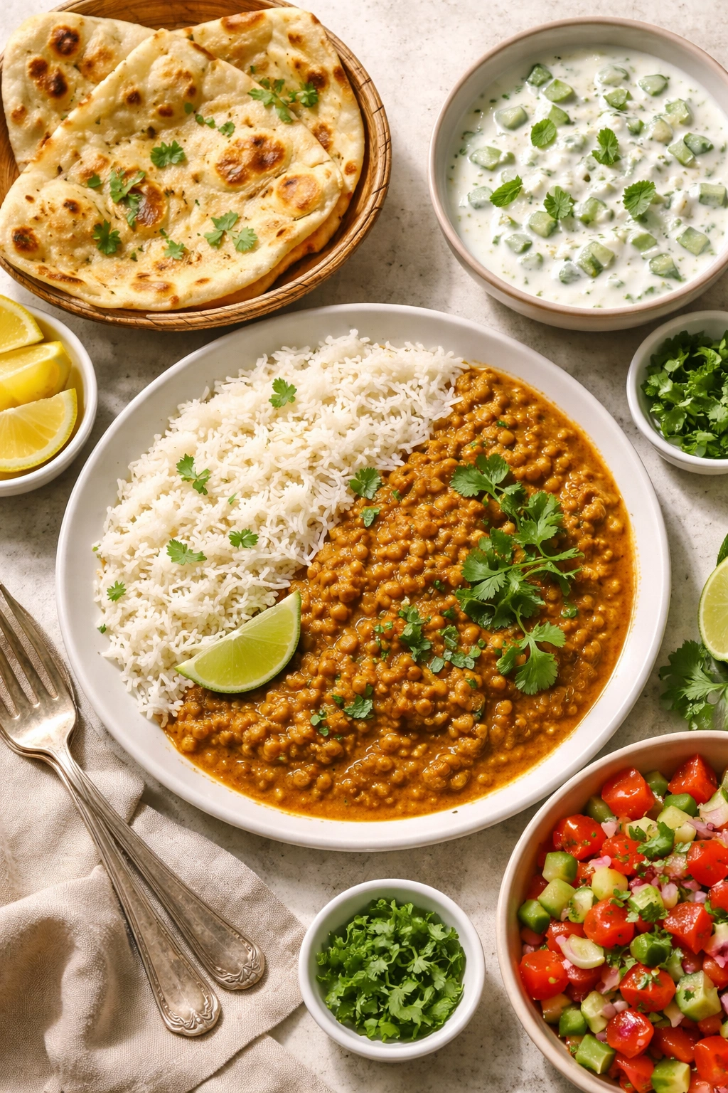 Plate of lentil curry with rice ready to serve