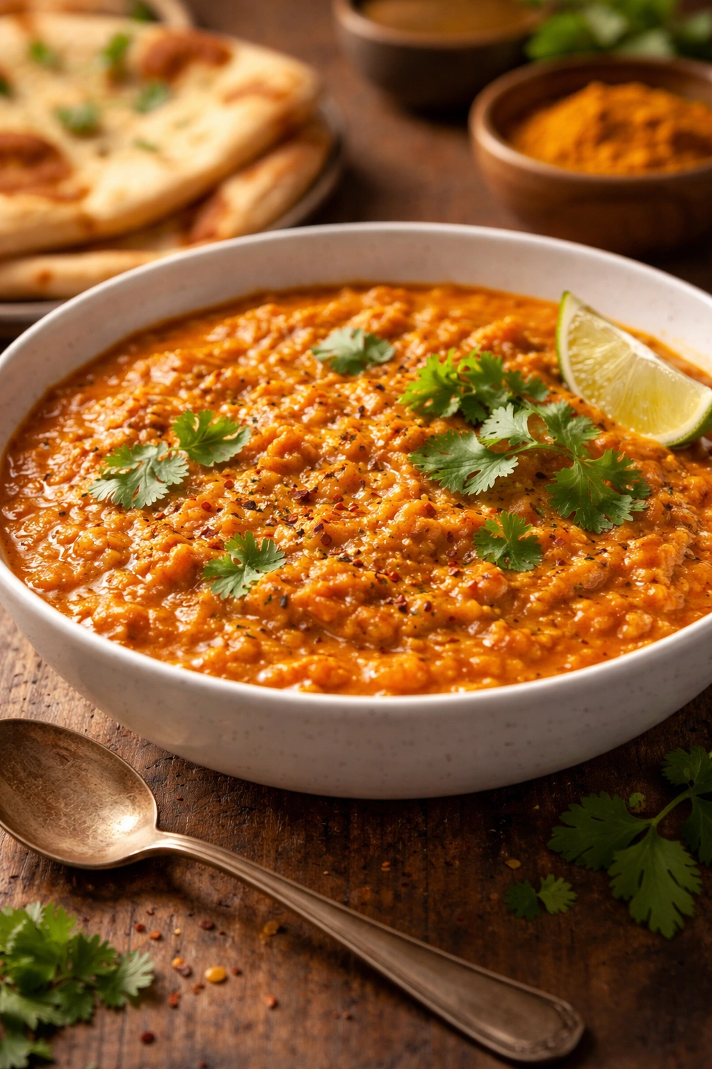 Close-up of creamy lentil dahl in a white bowl with warm orange-red color