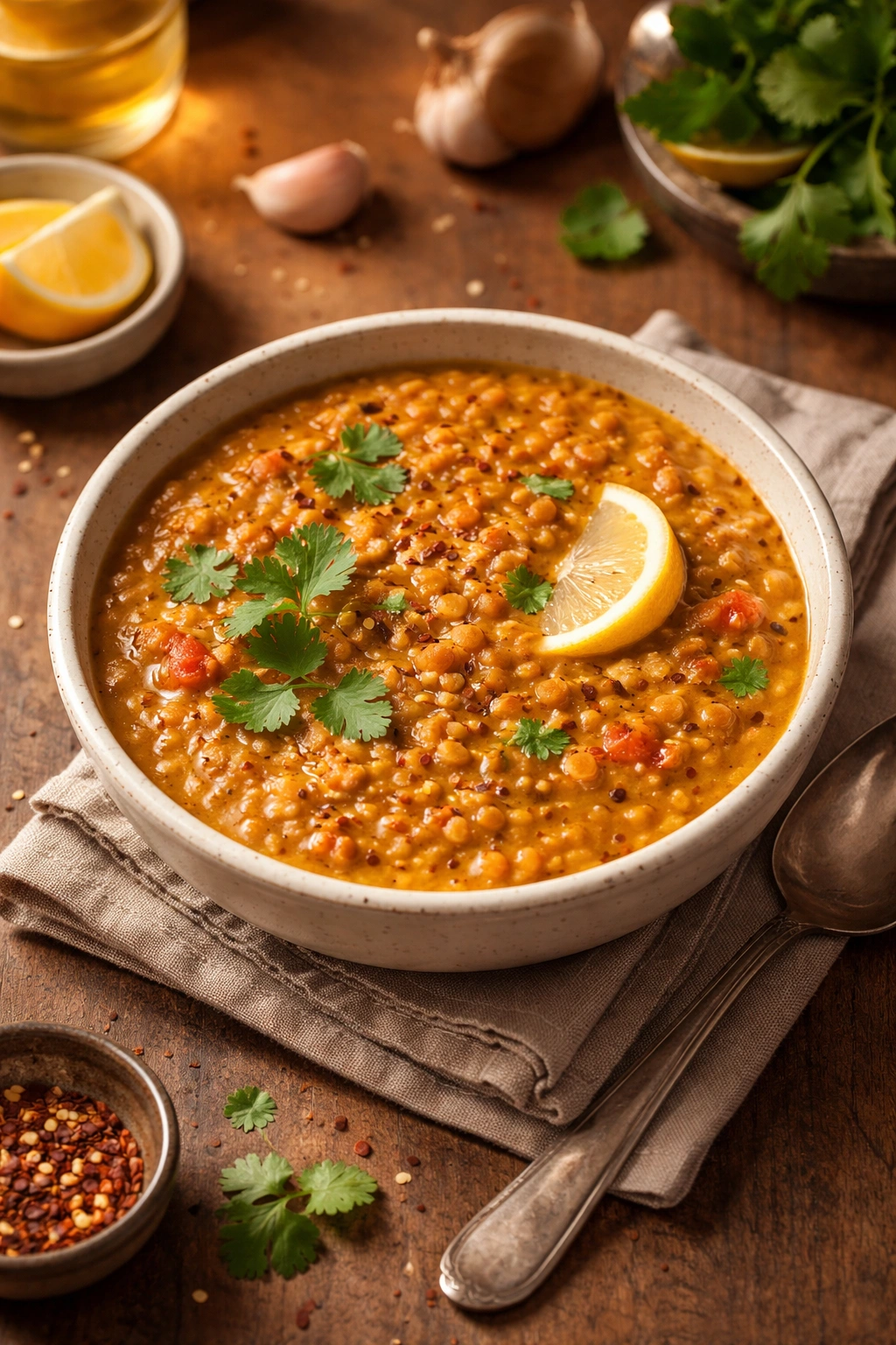 Warm bowl of lentil dahl on wooden table with cozy atmosphere