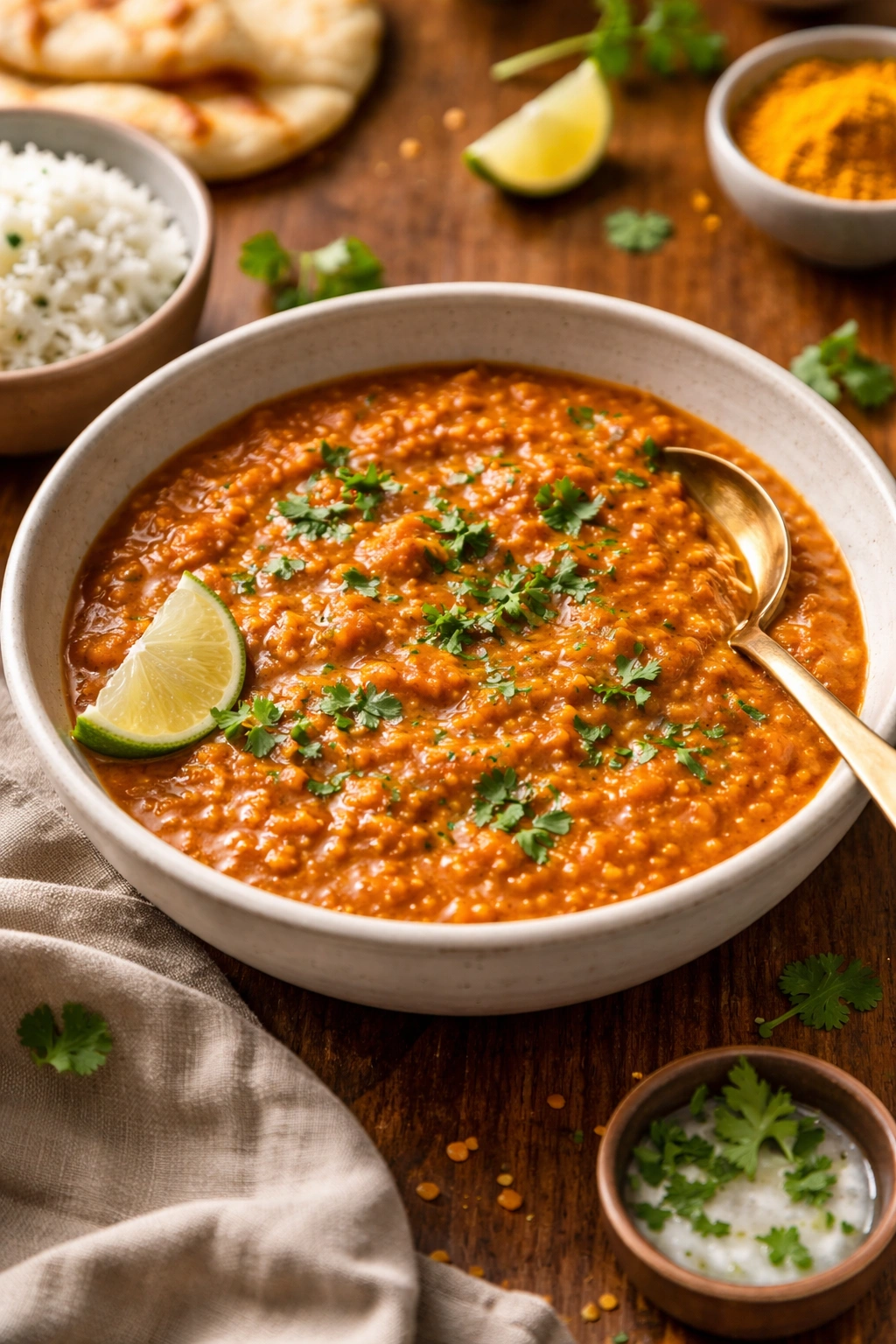 Finished lentil dahl in a bowl ready to eat
