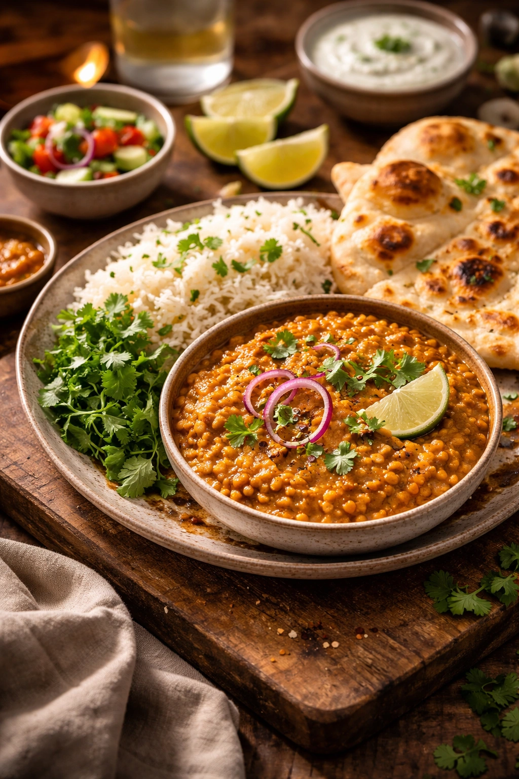 Lentil dahl with rice and naan on a rustic board, ready to serve