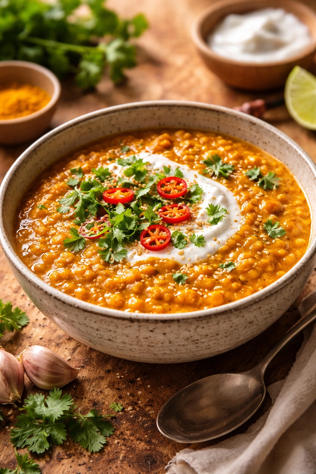 Close-up of creamy red lentil dahl in a rustic bowl highlighting vegan and gluten-free dish