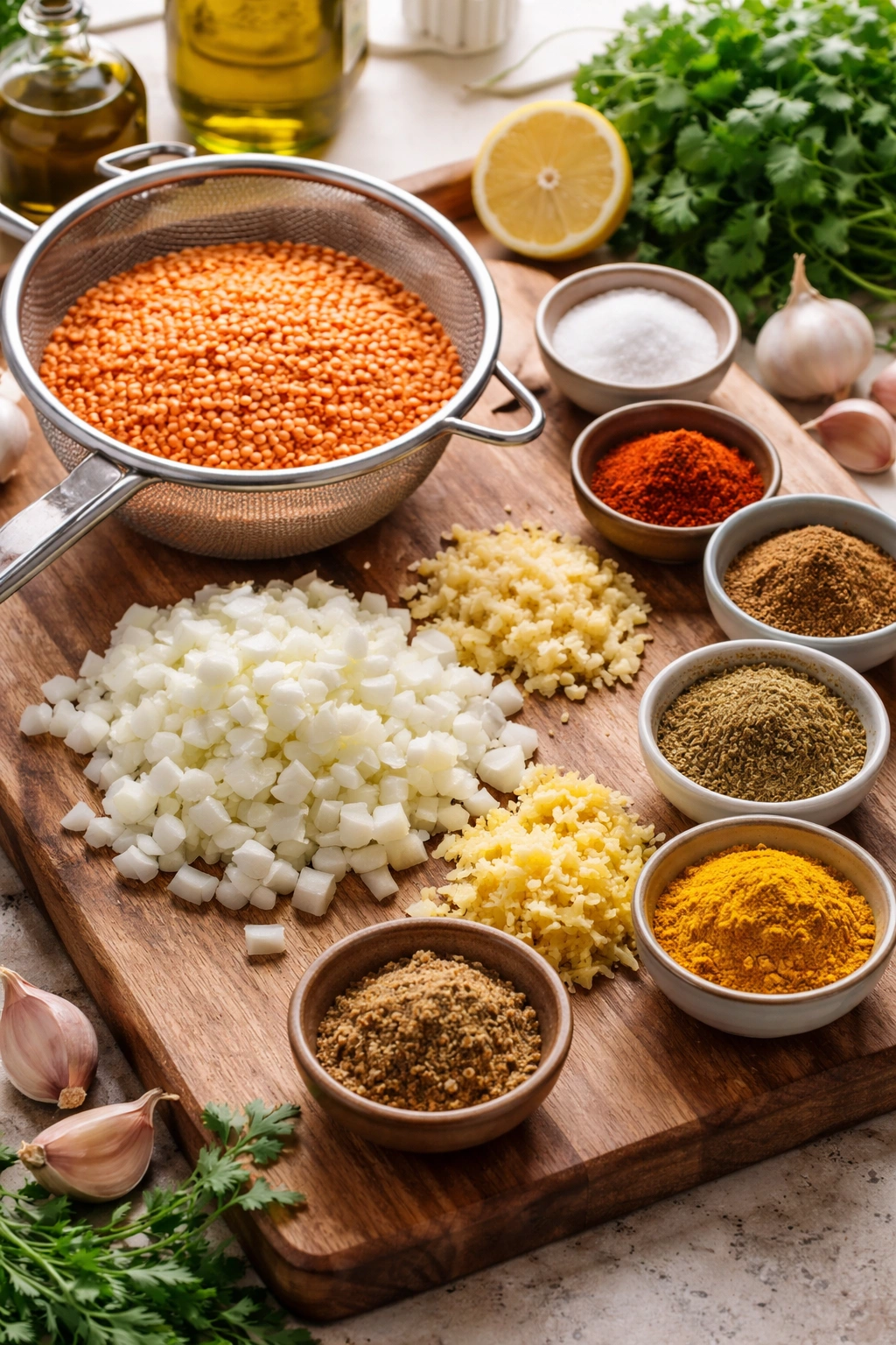 Top-down view of lentil dahl prep ingredients including lentils, onion, garlic, ginger and spices