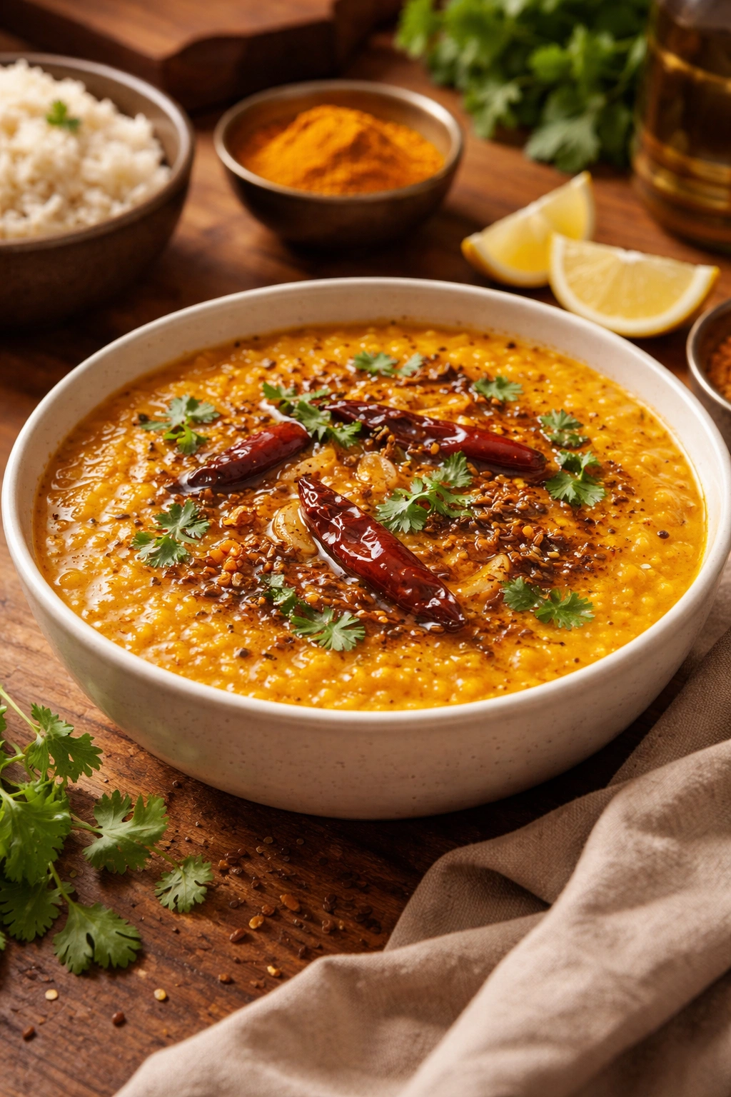 Glossy lentil dhal with tempering oil in a bowl