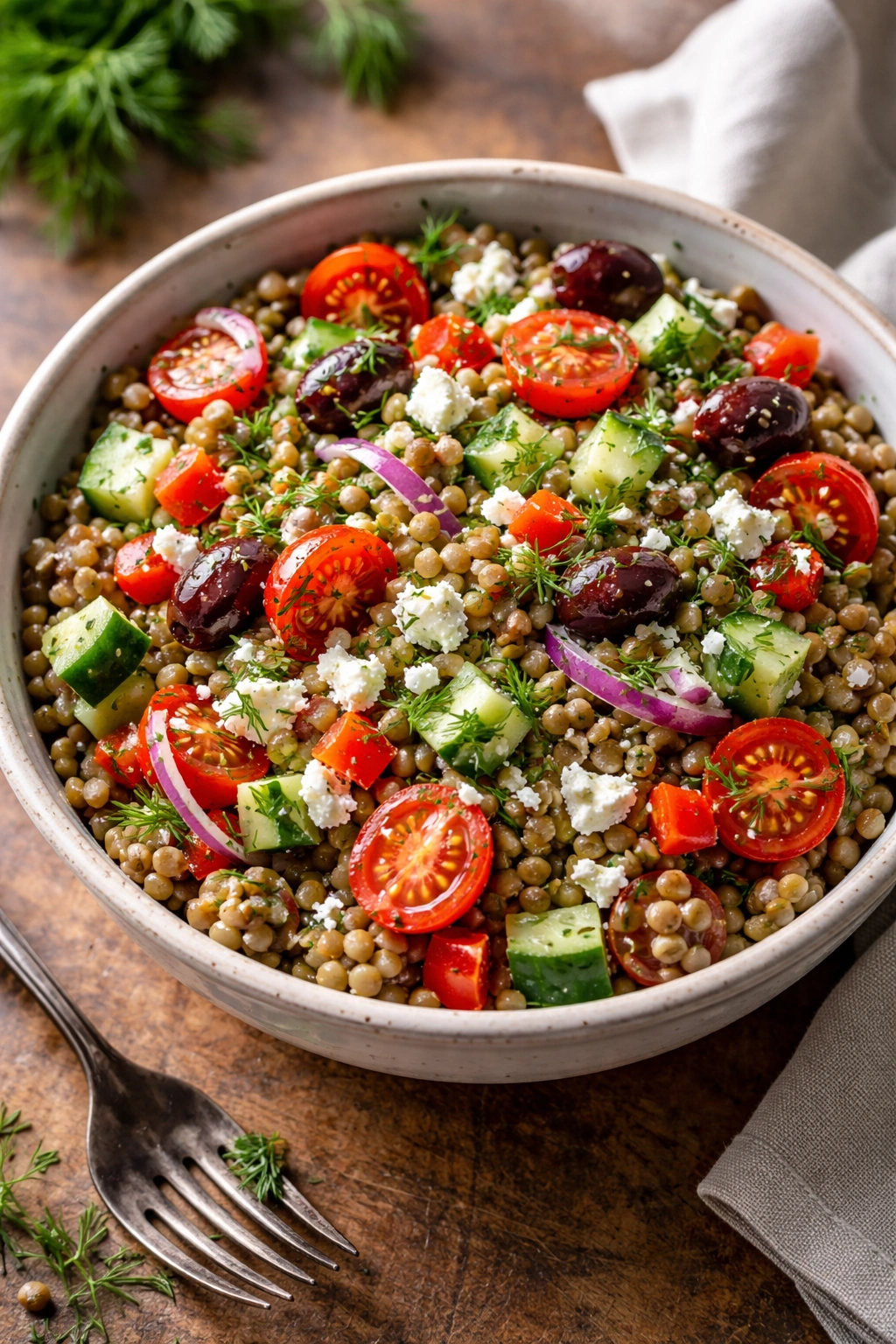 Close-up of Greek lentil and feta salad in a bowl on a rustic wood background