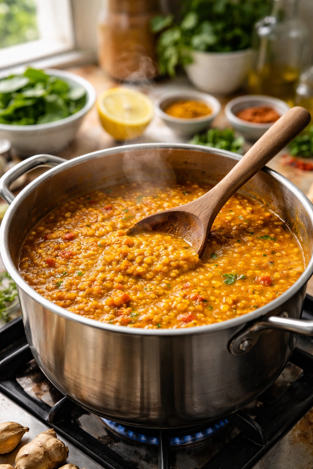 Lentil dal simmering in a pot with a wooden spoon indicating stirring technique
