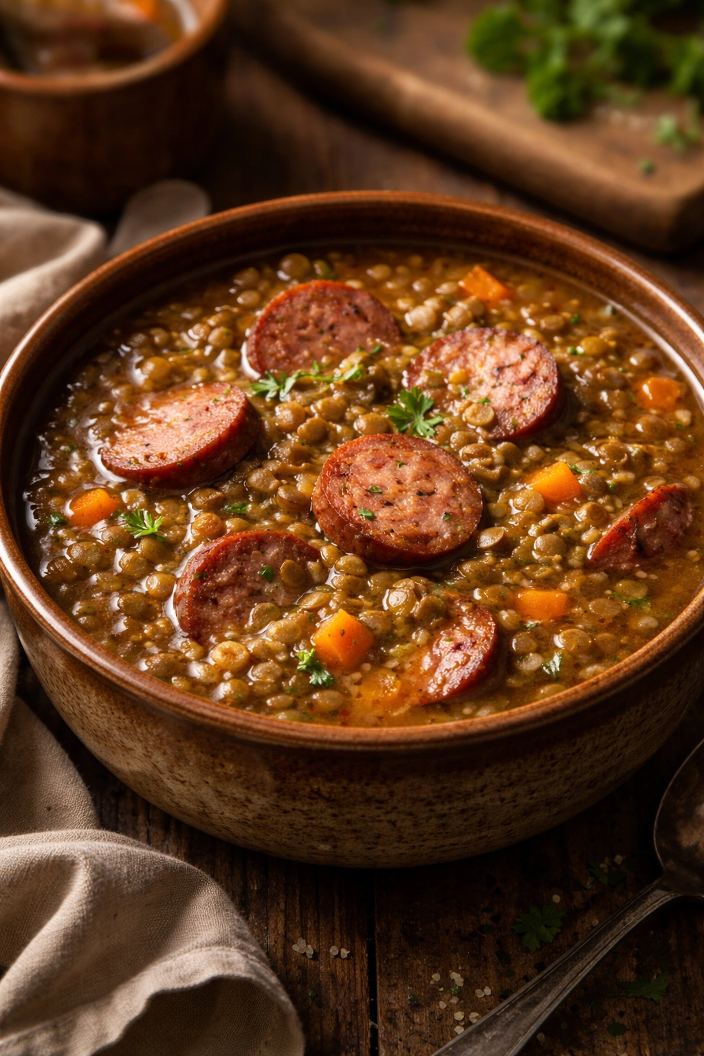 Lentil and sausage soup with sausage slices in a thick broth