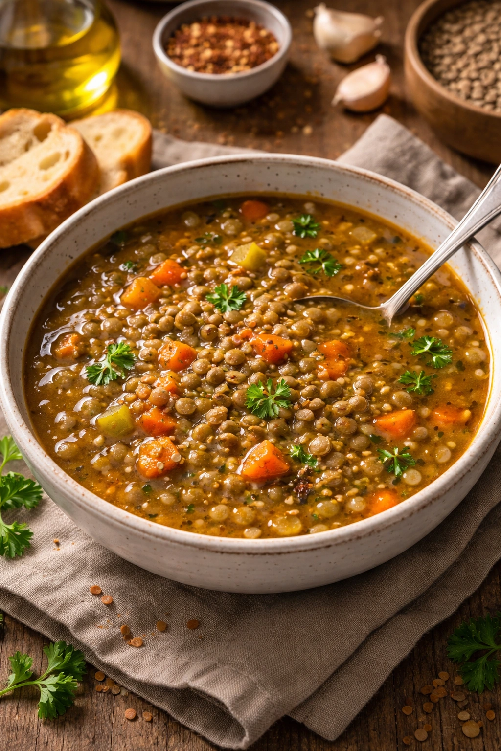 Steaming bowl of lentil soup with aromatics in a cozy kitchen