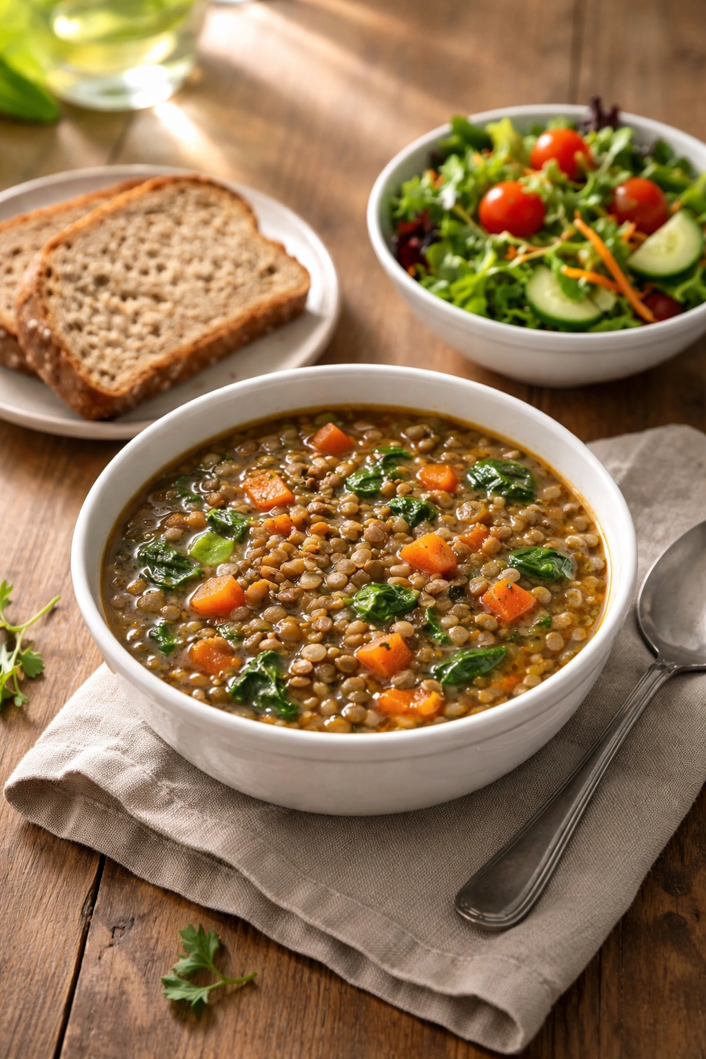 Bowl of lentil soup with bread and side salad on a wooden table