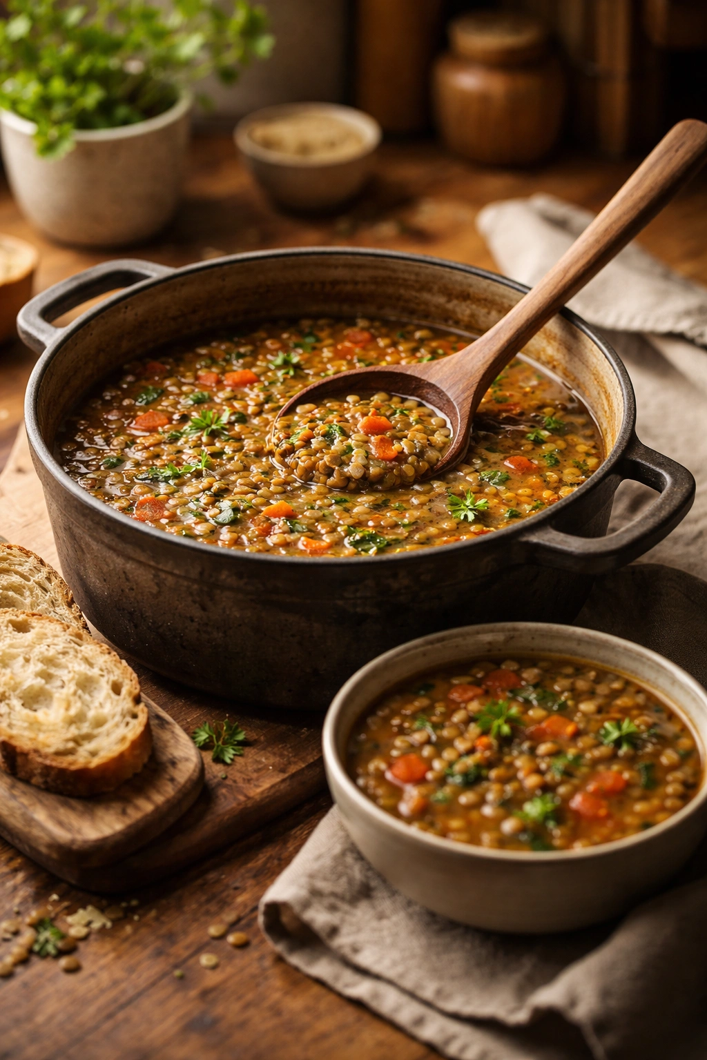 Rustic pot of lentil soup with ladle and bowl in cozy kitchen