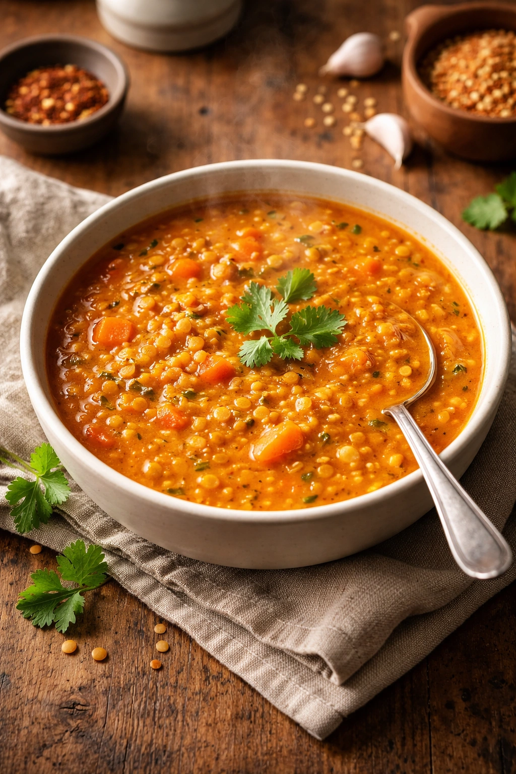 Bowl of lentil soup with visible lentils and carrots