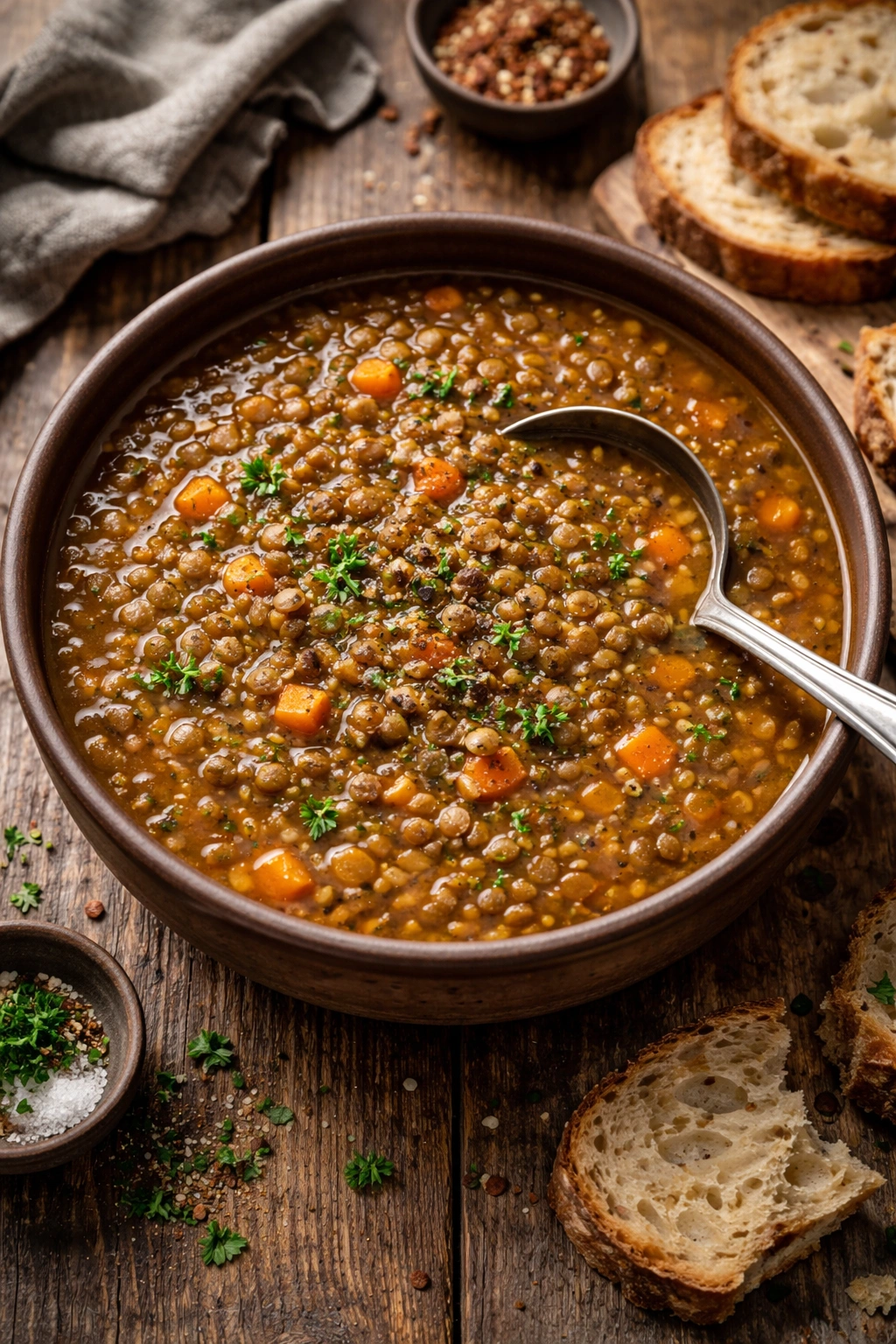 Lentil soup with lentils and carrots in a rustic bowl