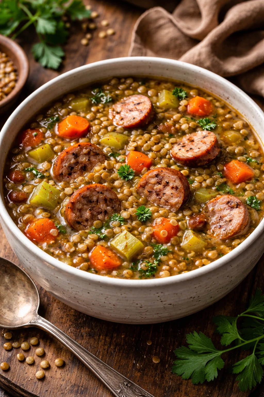 Hearty lentil soup with sausage in a rustic bowl