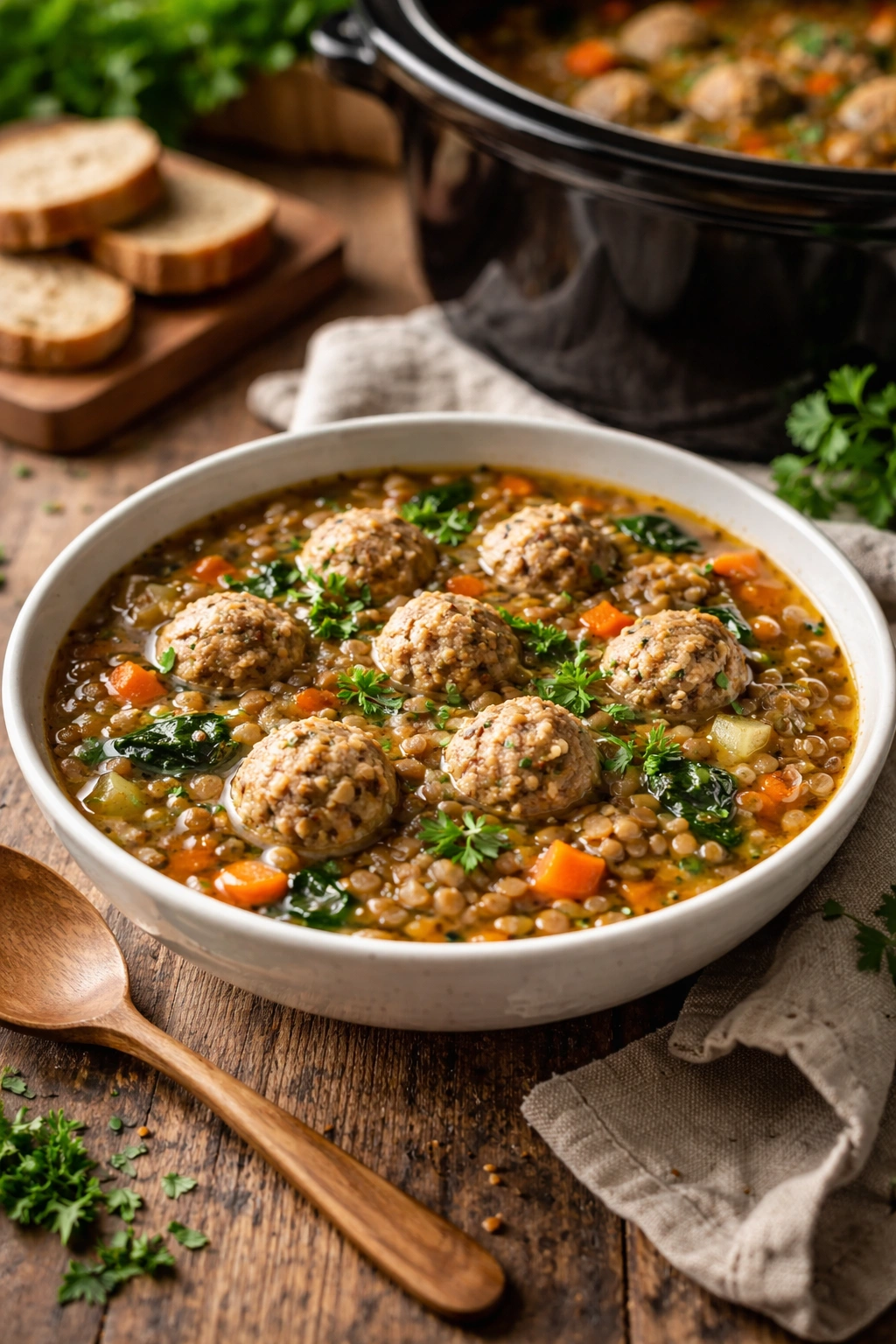Bowl of lentil soup with turkey meatballs