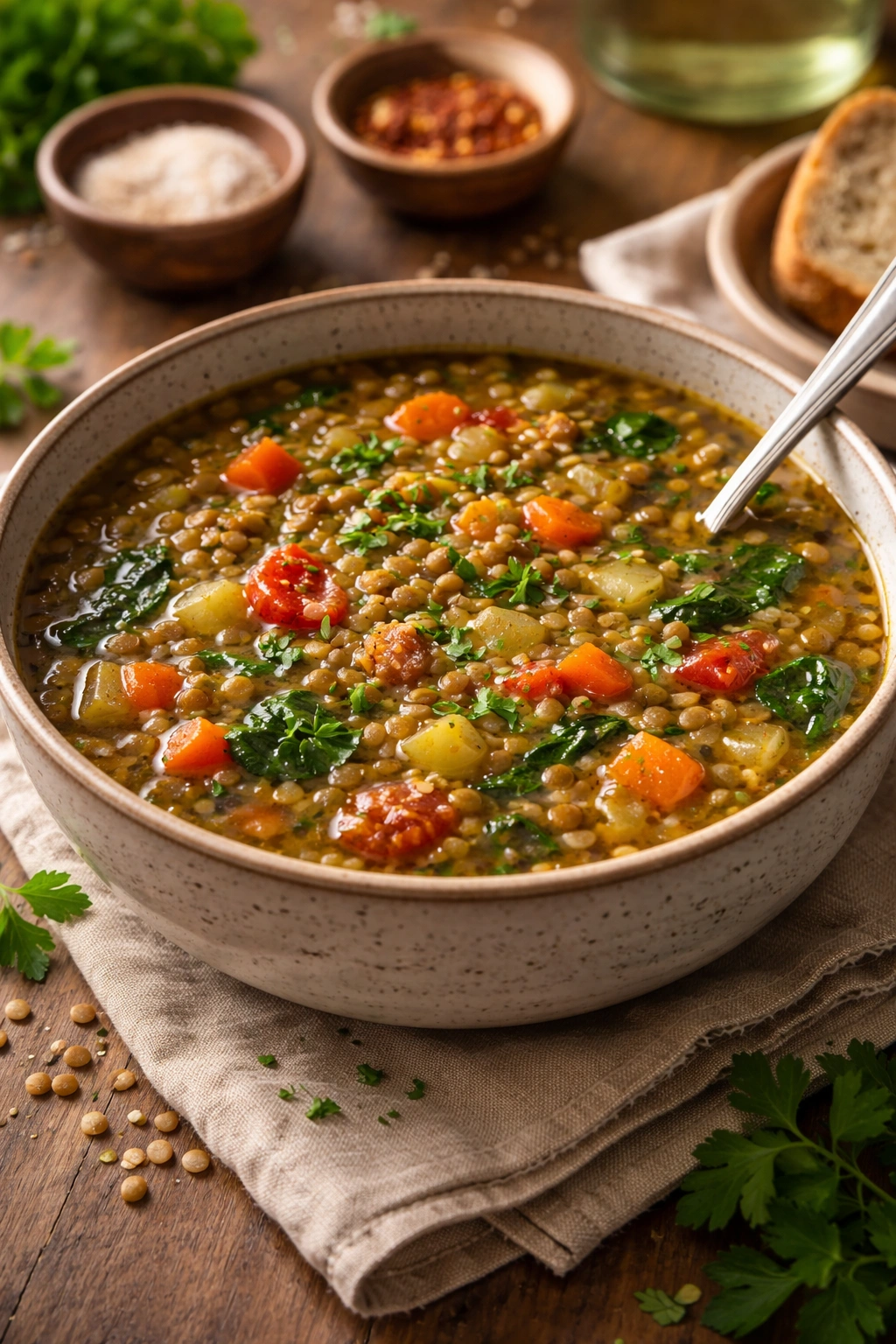 Bowl of lentil soup with vegetables