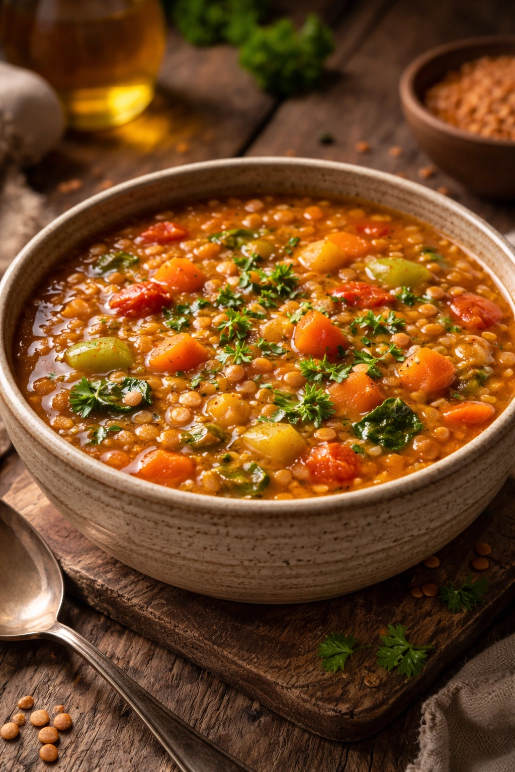 Rich red lentil soup in a rustic bowl with vegetables on wood