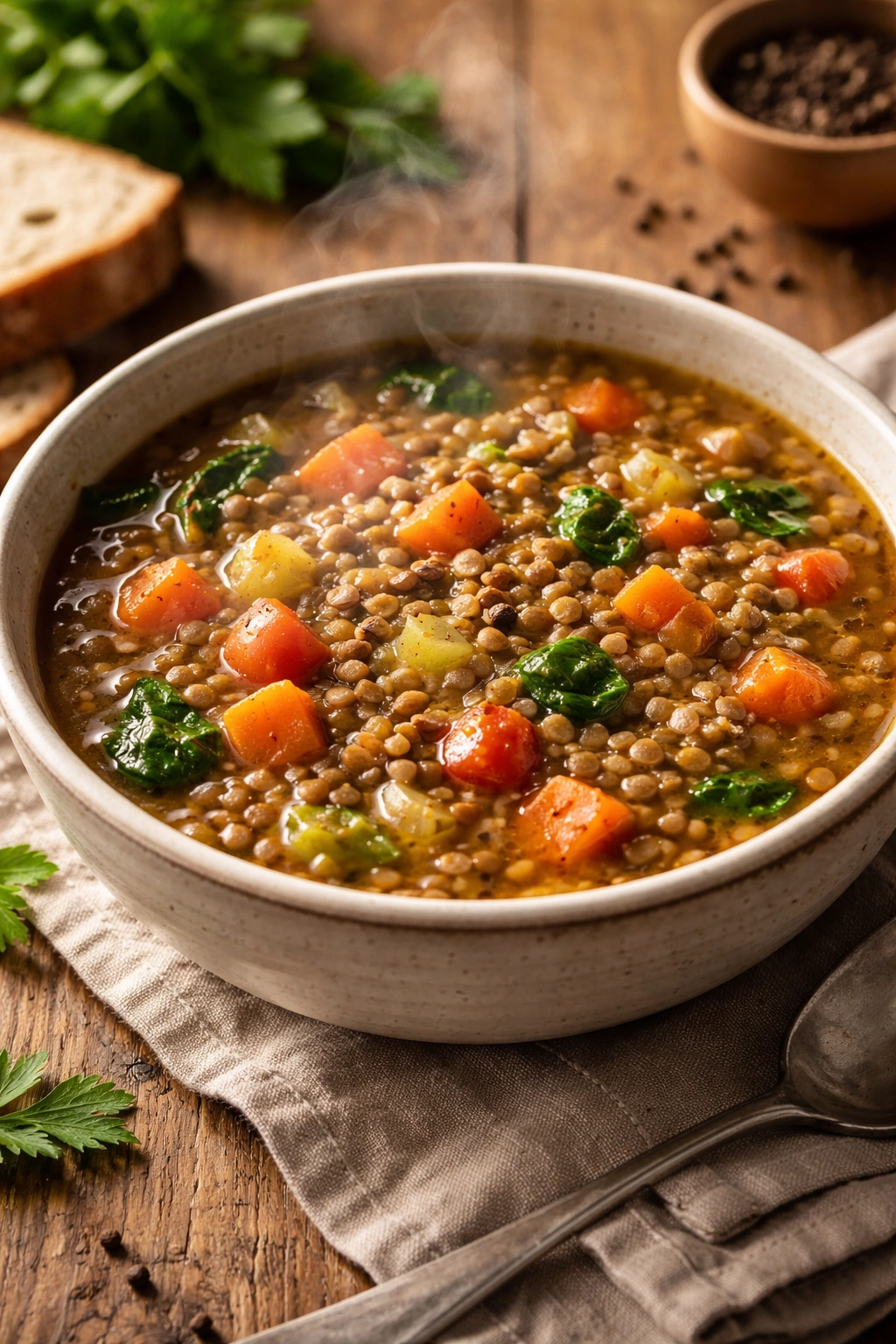 Bowl of lentil and vegetable stew in a rustic bowl