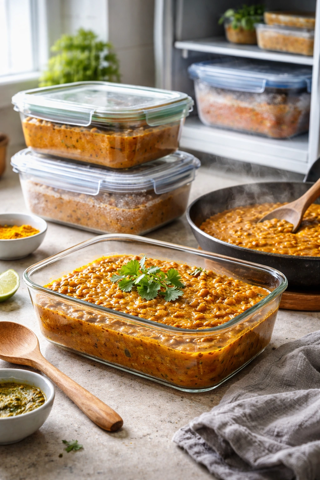 Lentil curry stored in a glass container for refrigeration or freezing