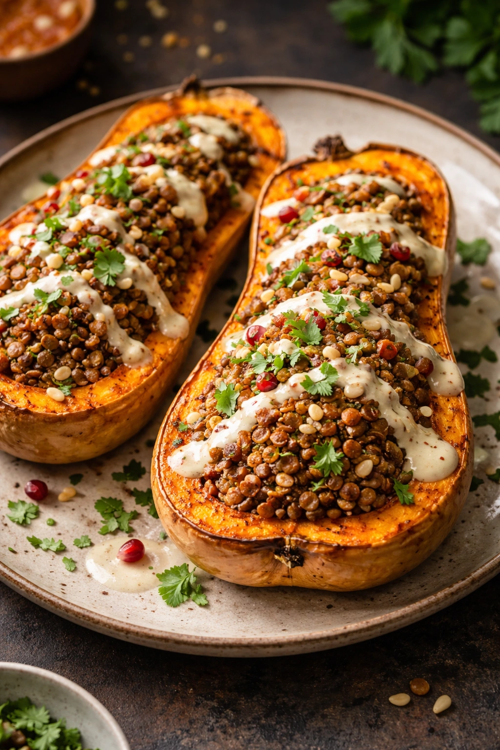 Roasted butternut squash halves stuffed with lentil filling and tahini drizzle