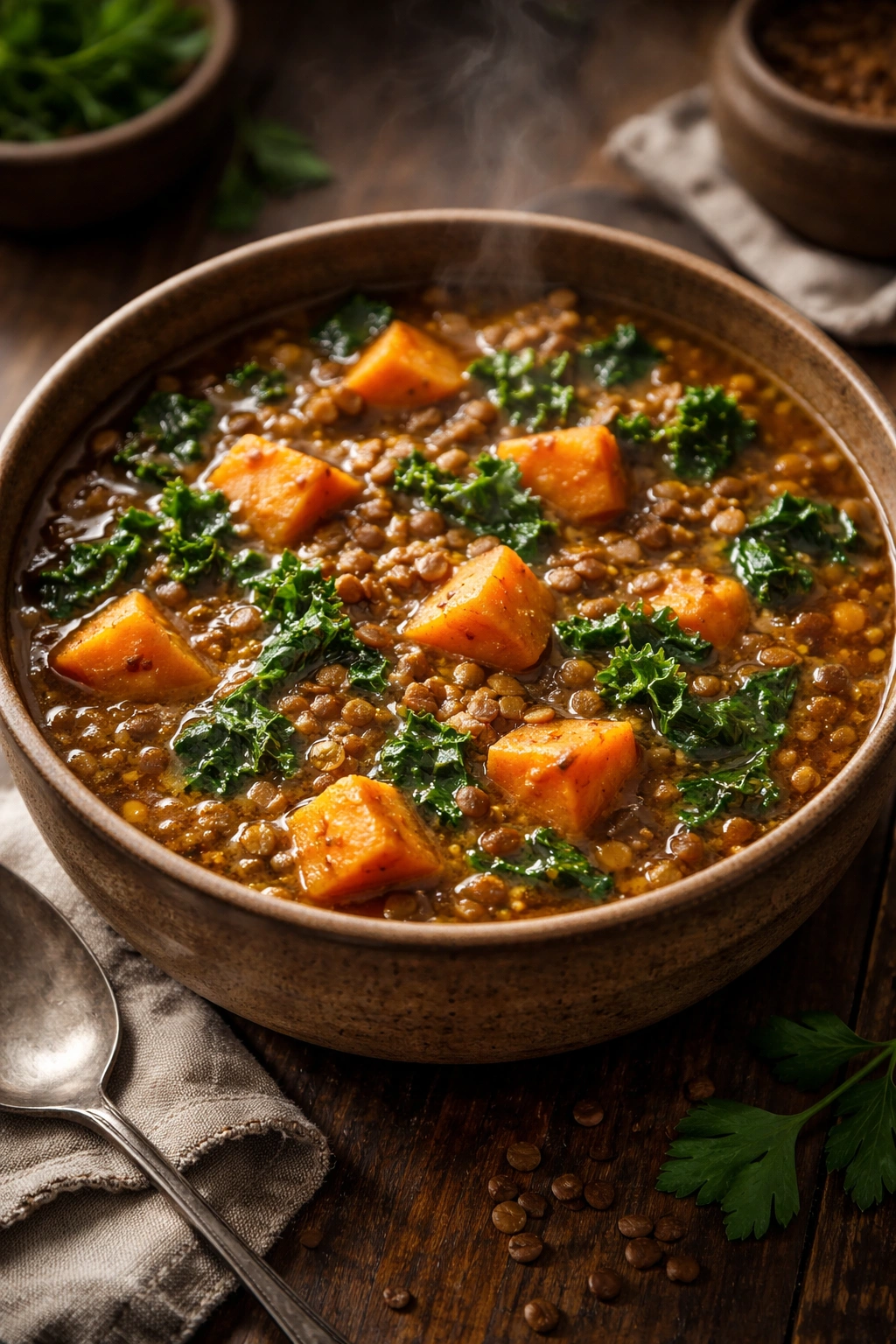 Rustic bowl of lentil and sweet potato stew with greens.