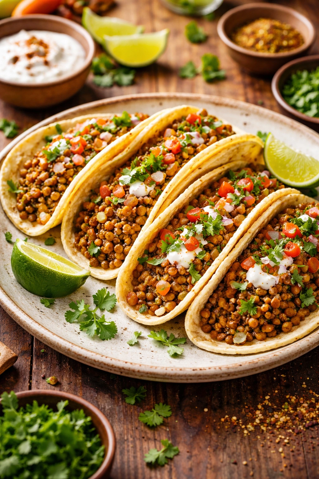 Tacos filled with spiced lentil filling on a rustic plate
