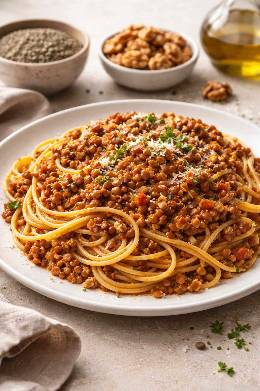 Pasta with lentil and walnut bolognese in a rich sauce