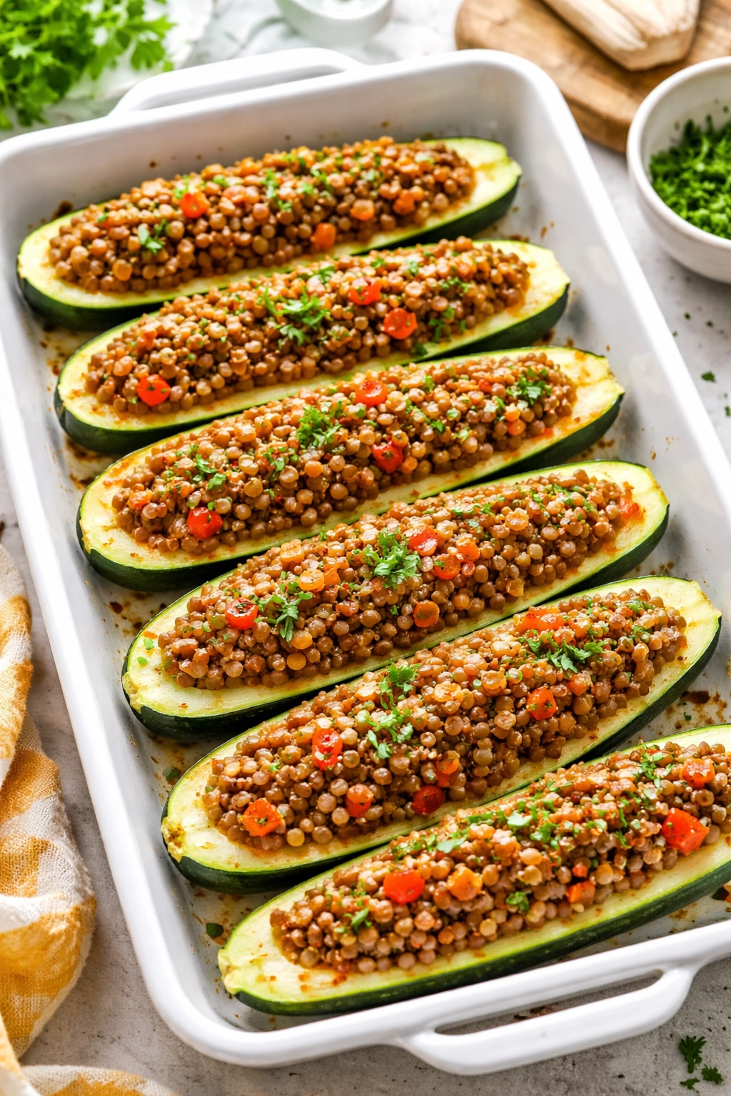 Zucchini boats filled with lentil-based mixture in a baking dish